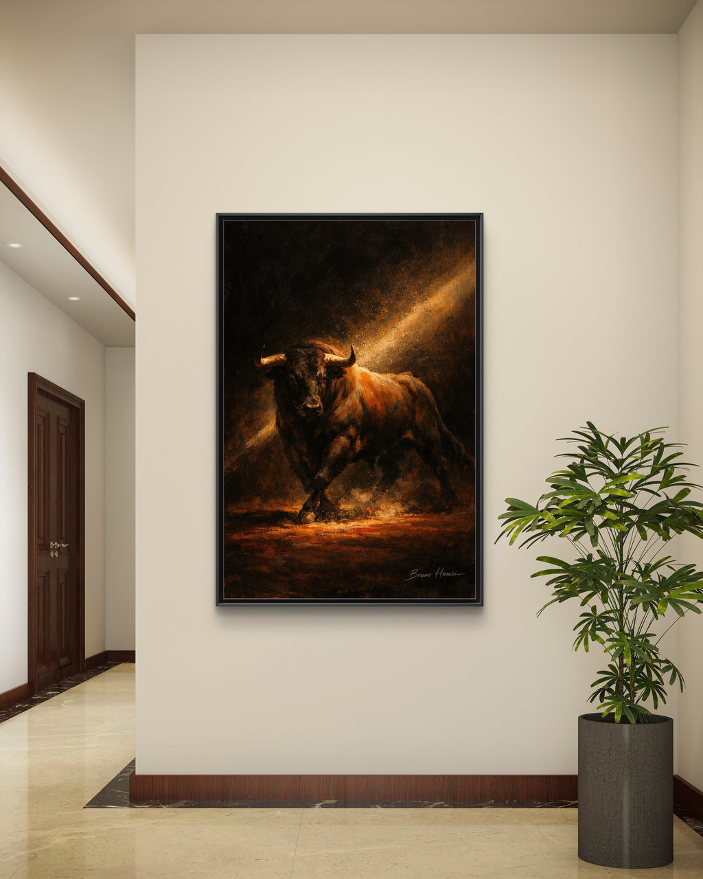 Framed Matte Canvas Art - Dramatic Charging Bull Painting