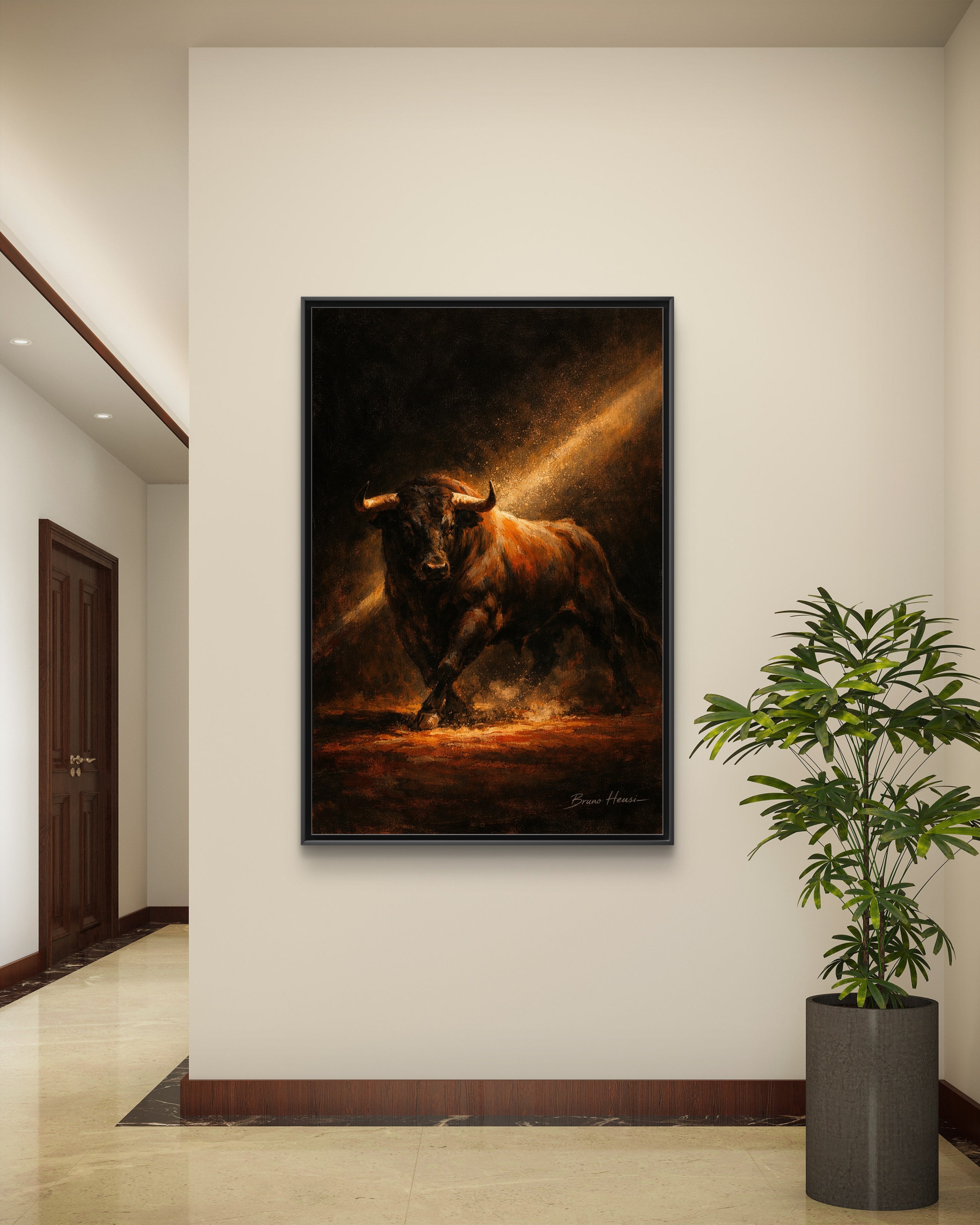 Framed Matte Canvas Art - Dramatic Charging Bull Painting