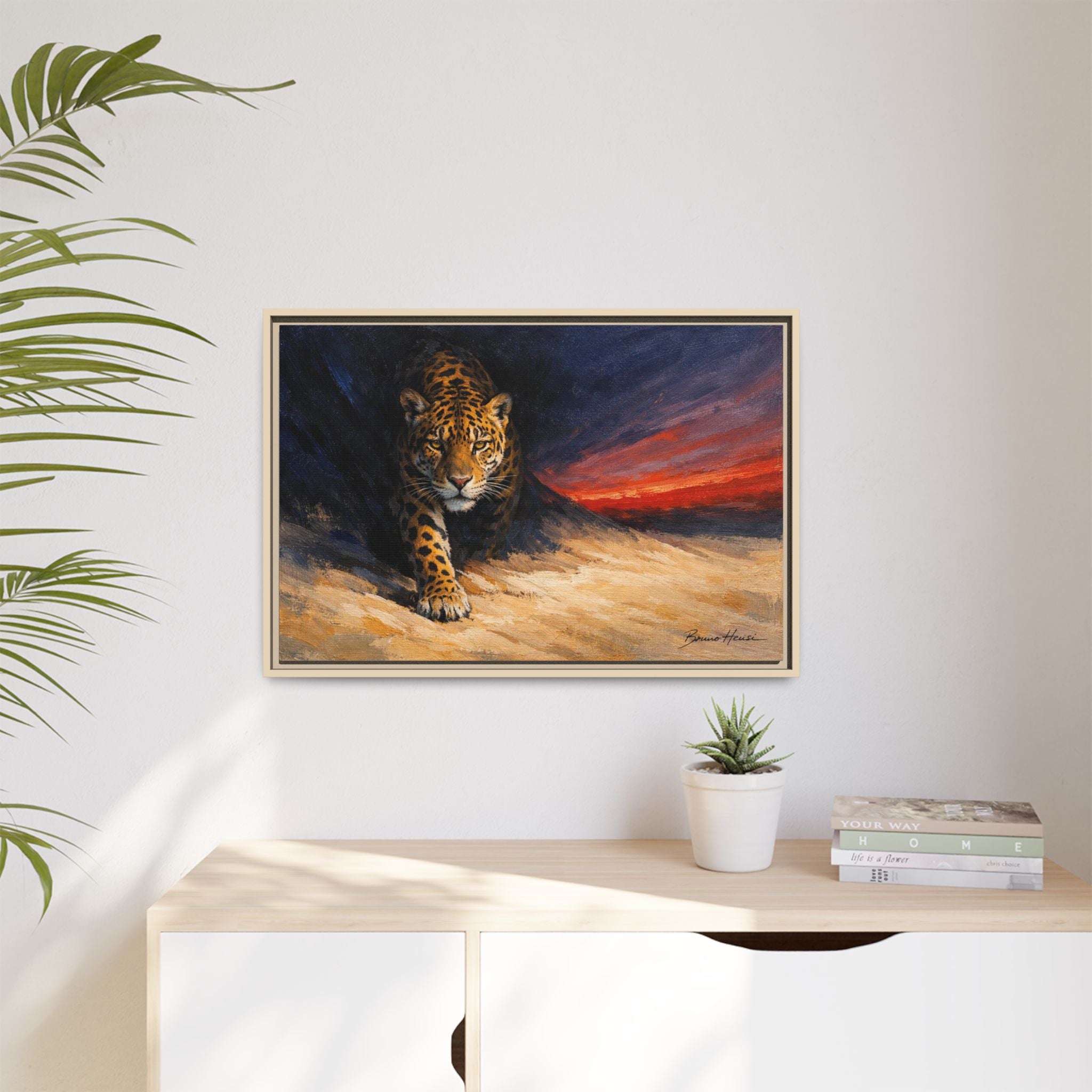 Framed Jaguar Canvas Art – Majestic Big Cat Painting with Sunset Sky