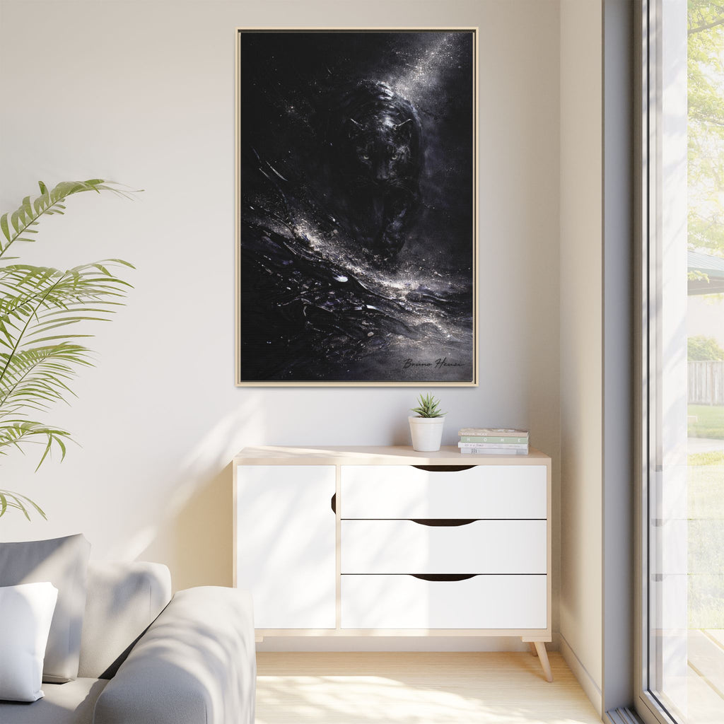 Cosmic Black Panther Matte Framed Canvas – Dark Abstract Wildlife Wall Art