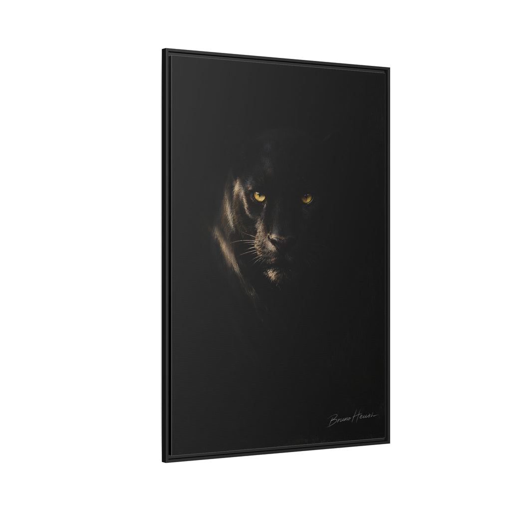 Framed Matte Canvas - Black Panther Wall Art with Golden Eyes