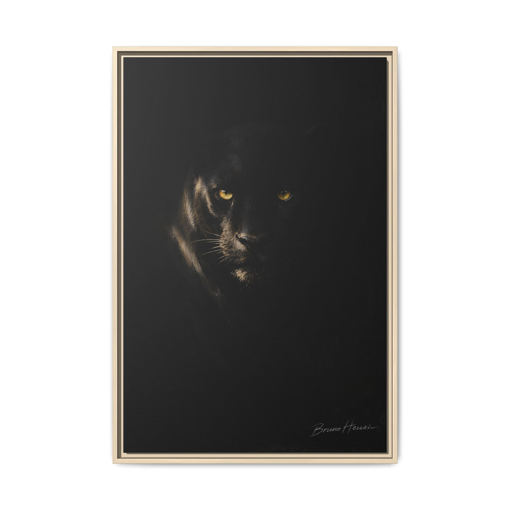 Framed Matte Canvas - Black Panther Wall Art with Golden Eyes