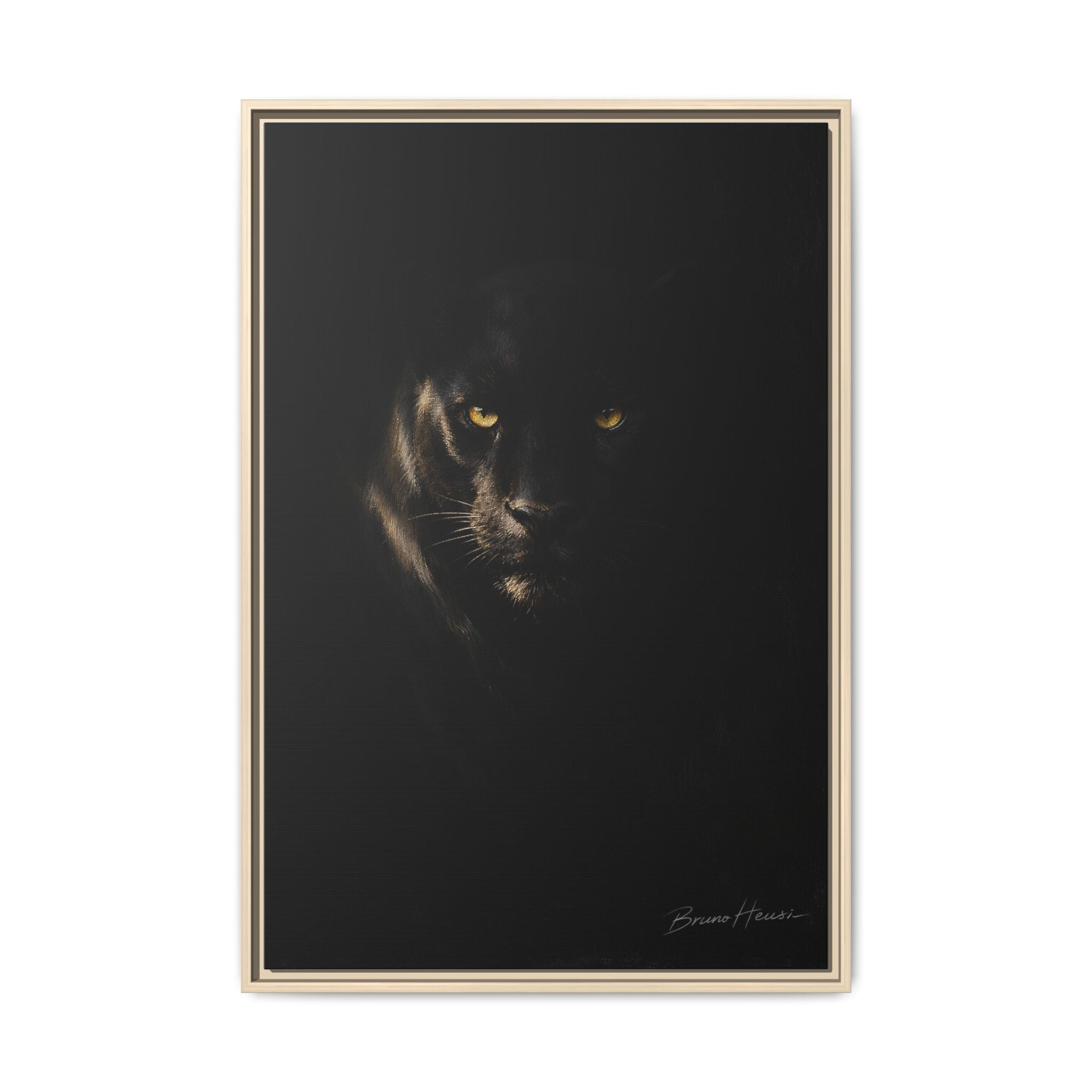 Framed Matte Canvas - Black Panther Wall Art with Golden Eyes