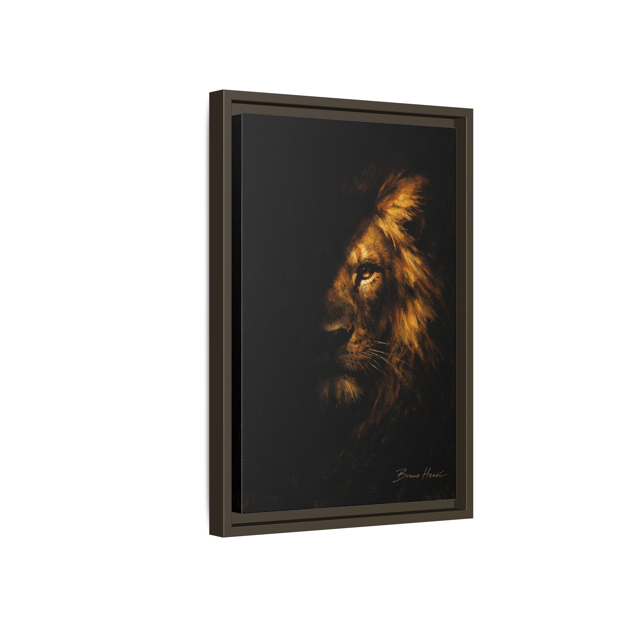 Majestic Lion Portrait Framed Canvas Wall Art — Golden Mane on Black Matte Print