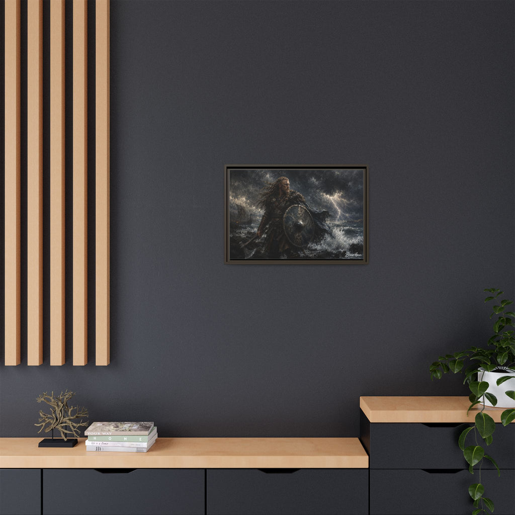 Viking Warrior Matte Framed Canvas Print — Stormy Norse Shield and Axe Wall Art