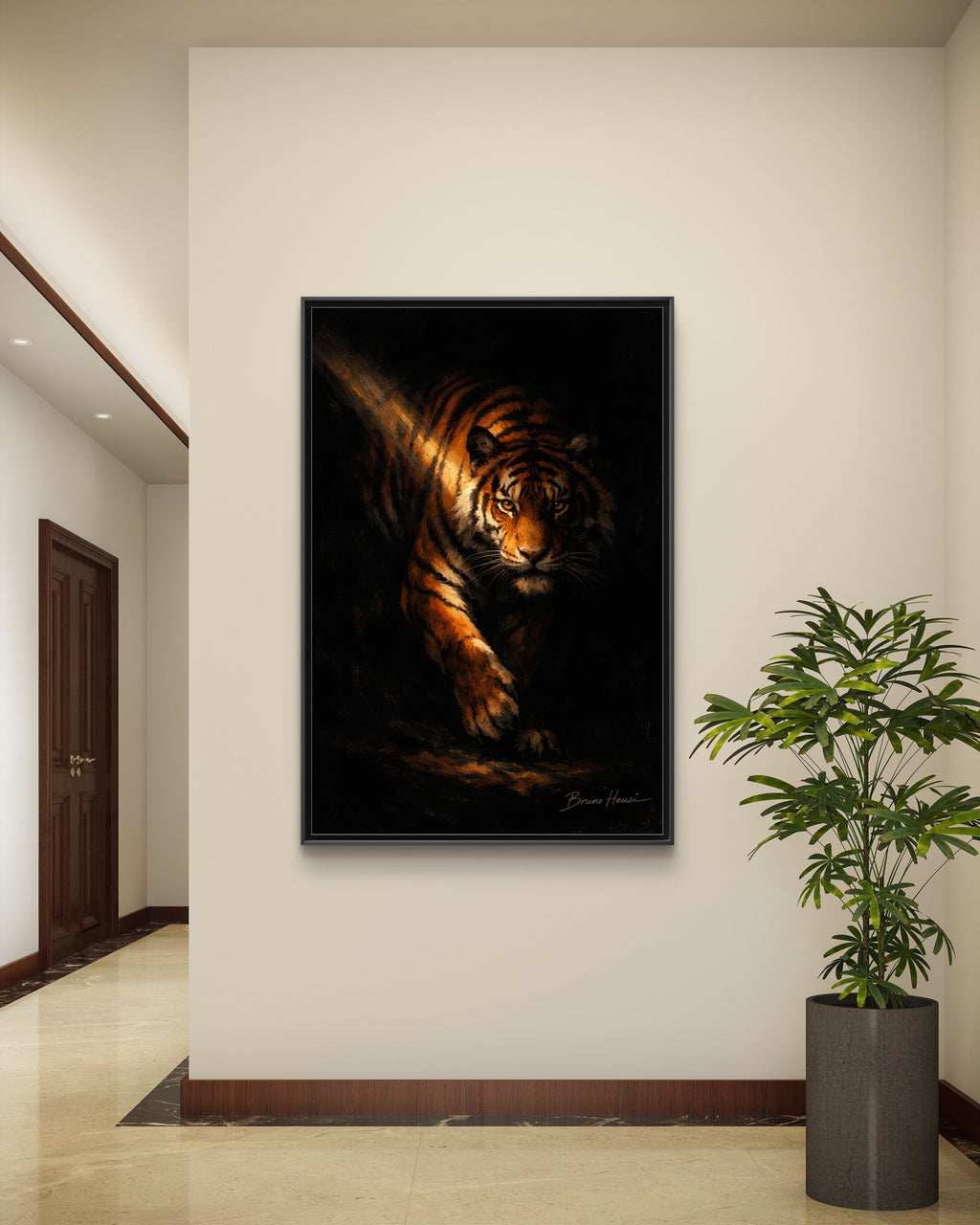 Tiger in the Shadows Matte Framed Canvas Print — Dramatic Wildlife Wall Art