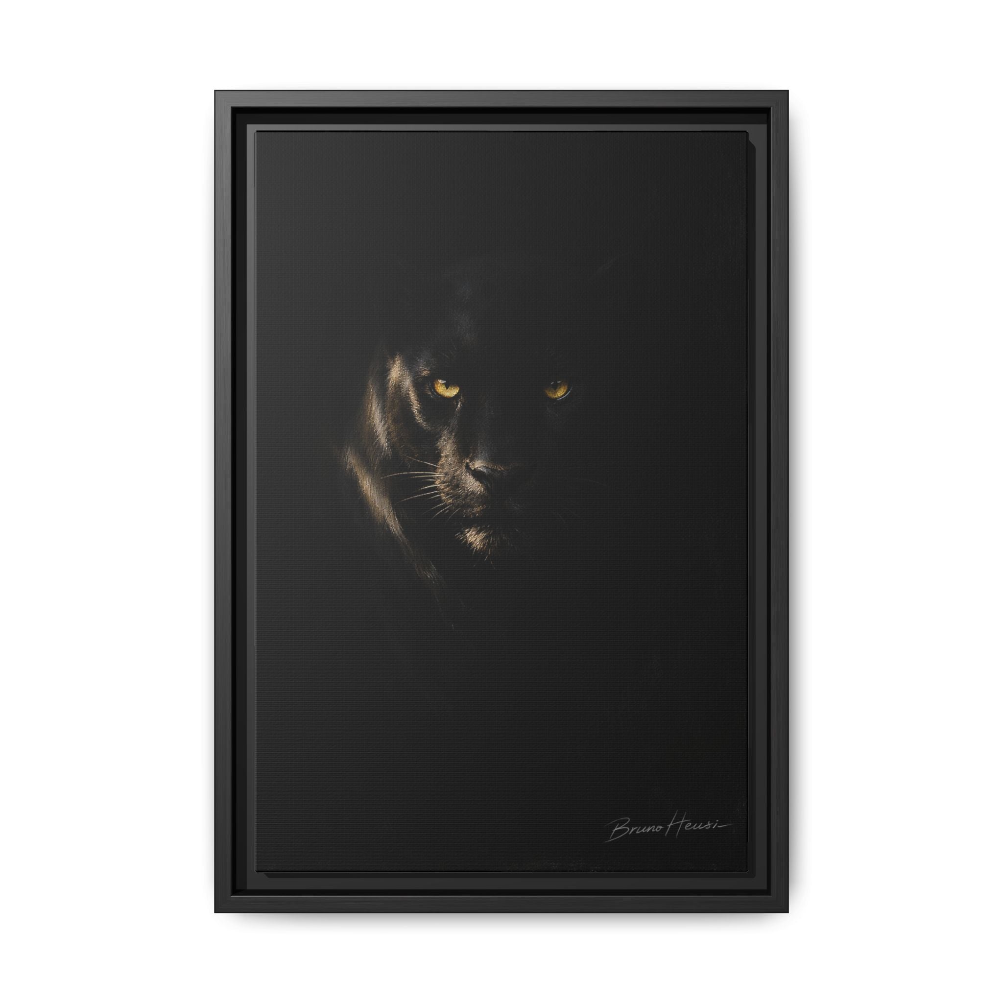 Framed Matte Canvas - Black Panther Wall Art with Golden Eyes