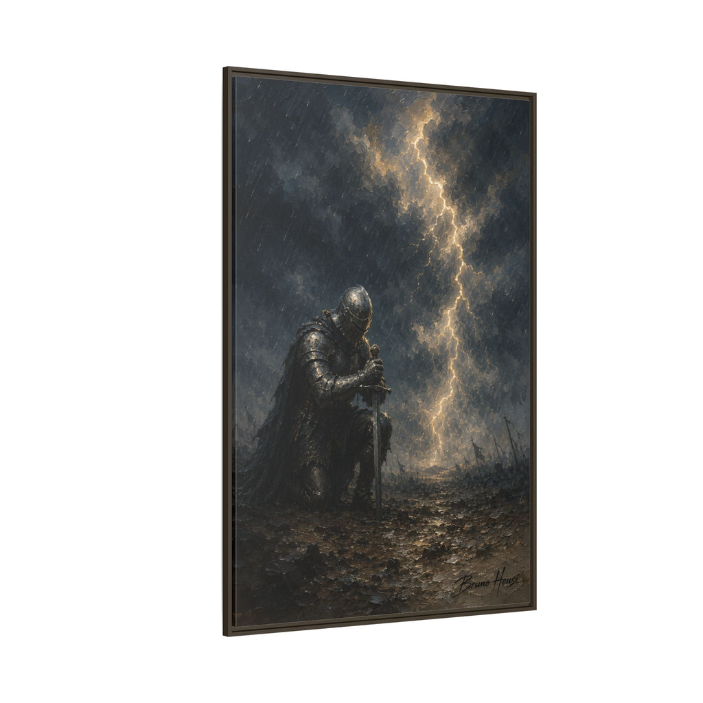 Knight in Thunderstorm Matte Framed Canvas — Dark Fantasy Wall Art