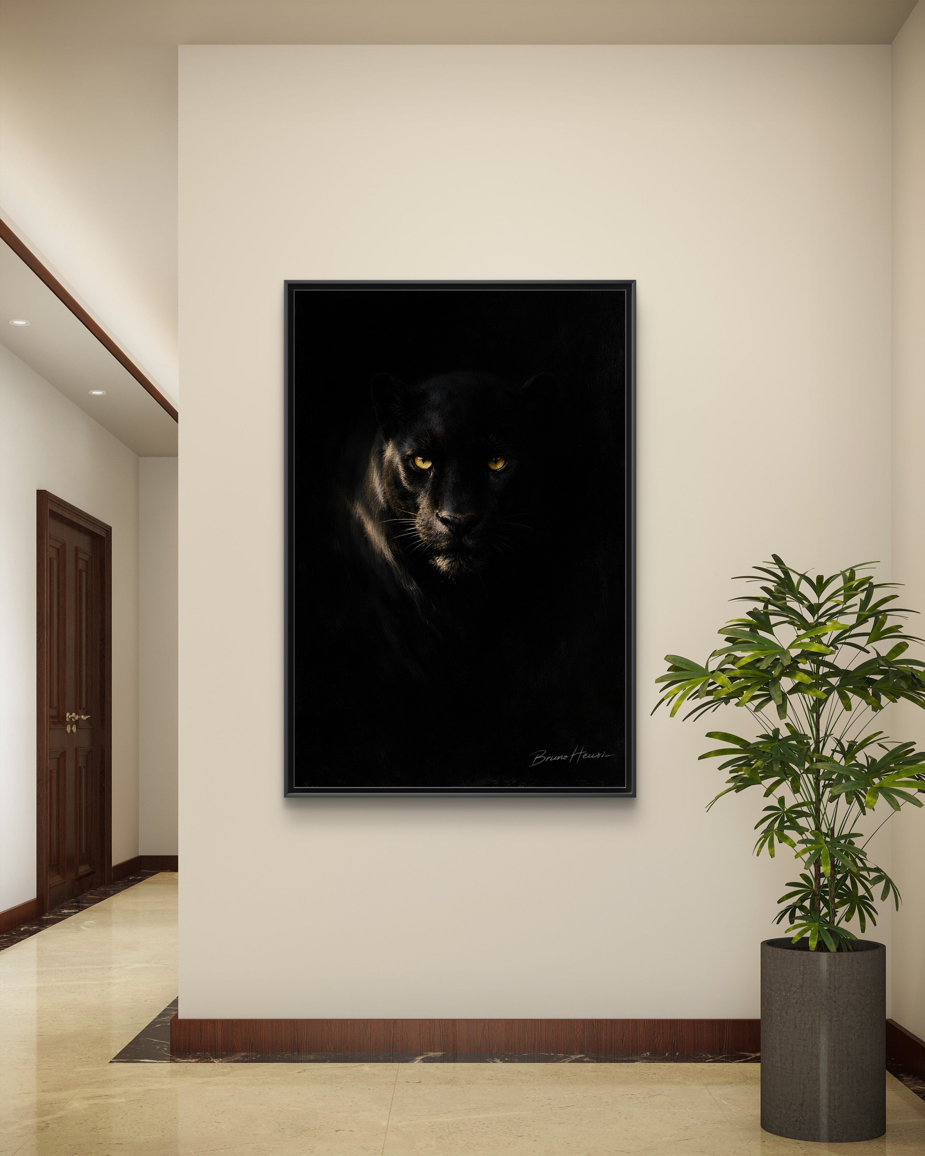 Framed Matte Canvas - Black Panther Wall Art with Golden Eyes