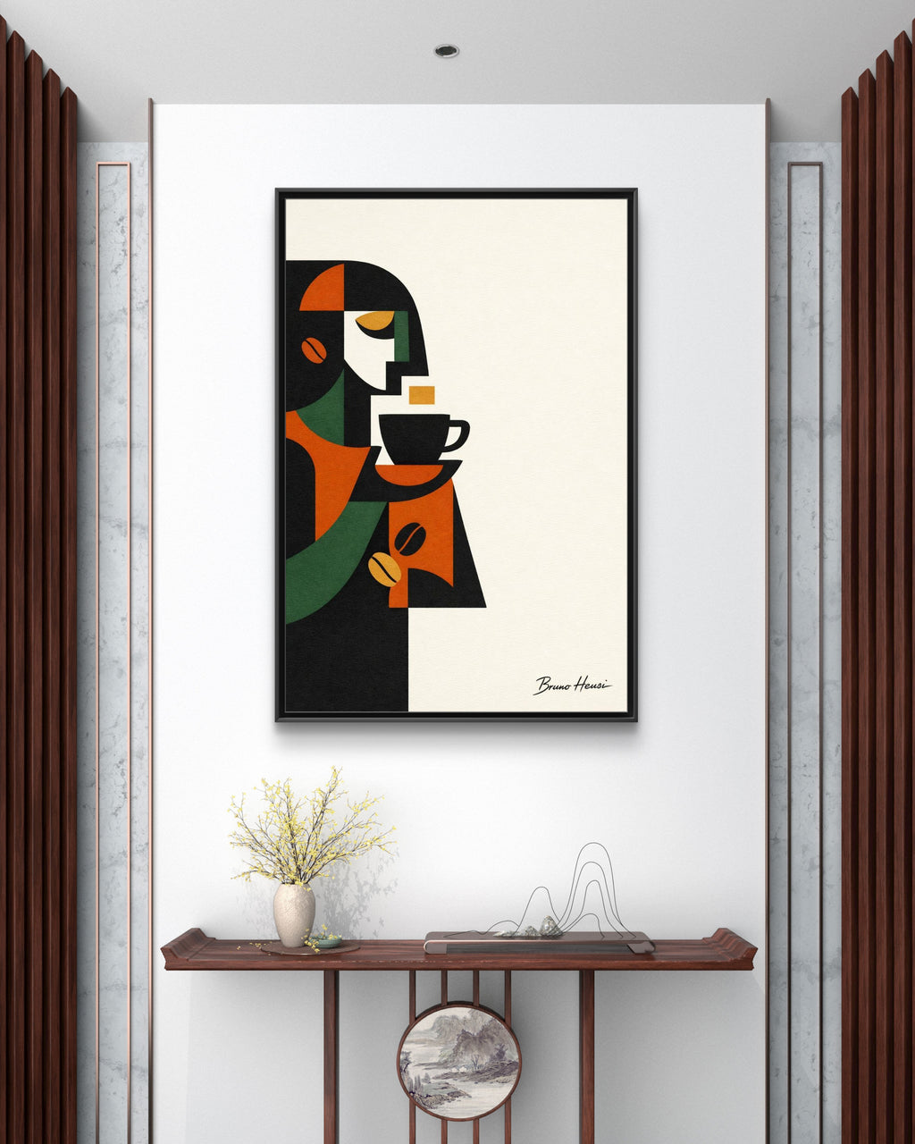 Abstract Coffee Drinker Framed Canvas Print — Modern Café Wall Art