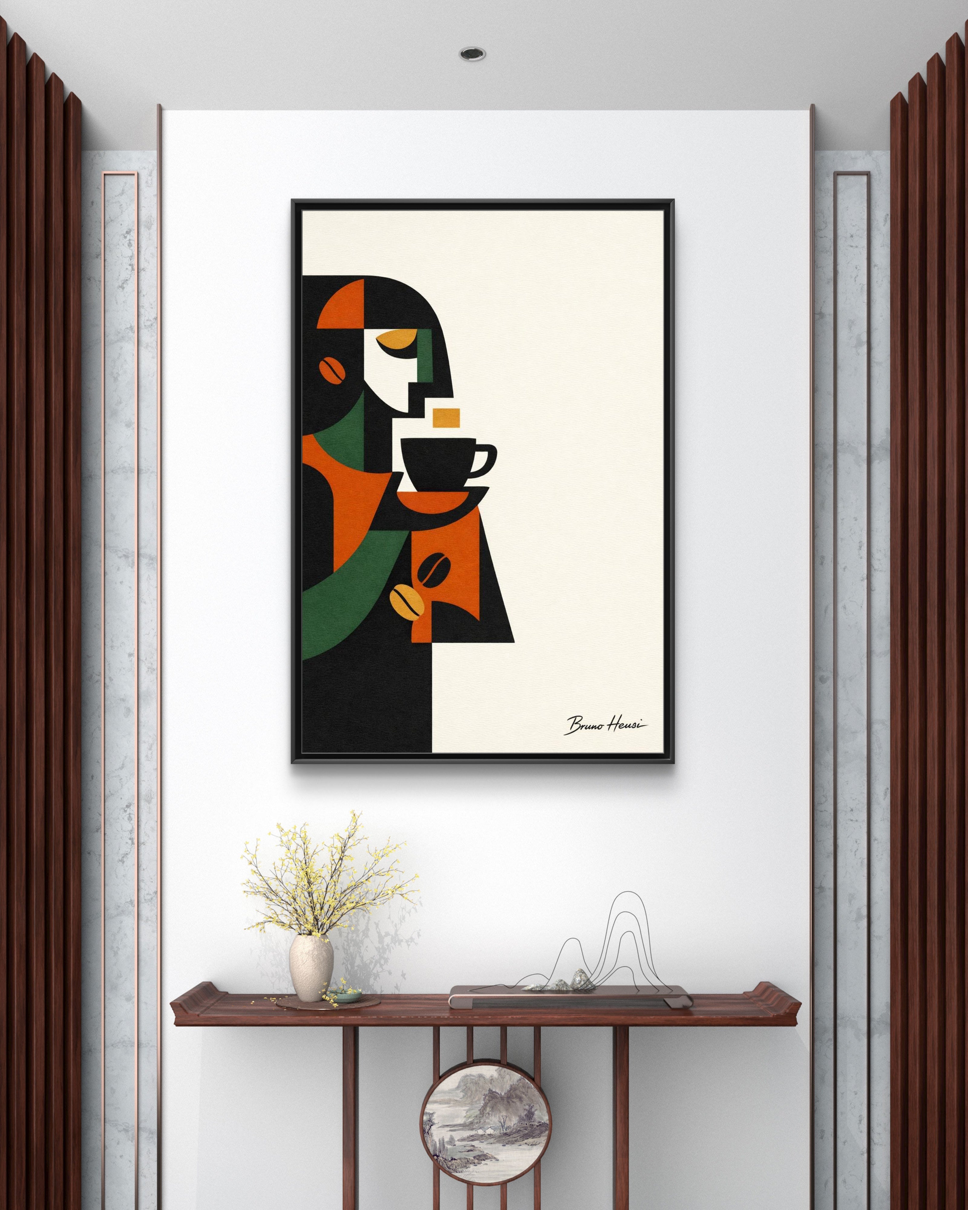 Abstract Coffee Drinker Framed Canvas Print — Modern Café Wall Art