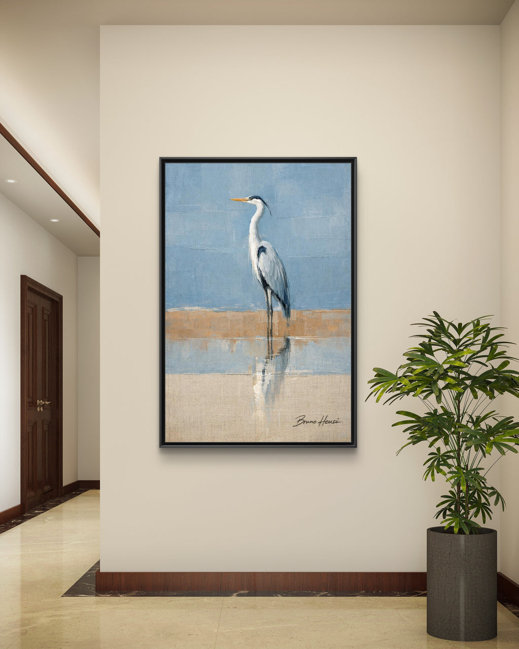 Framed Heron Canvas Art – Coastal Shorebird Wall Decor