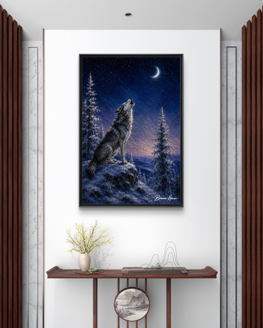 Howling Wolf Moon Framed Canvas Art - Matte Multi-Color Wilderness Print