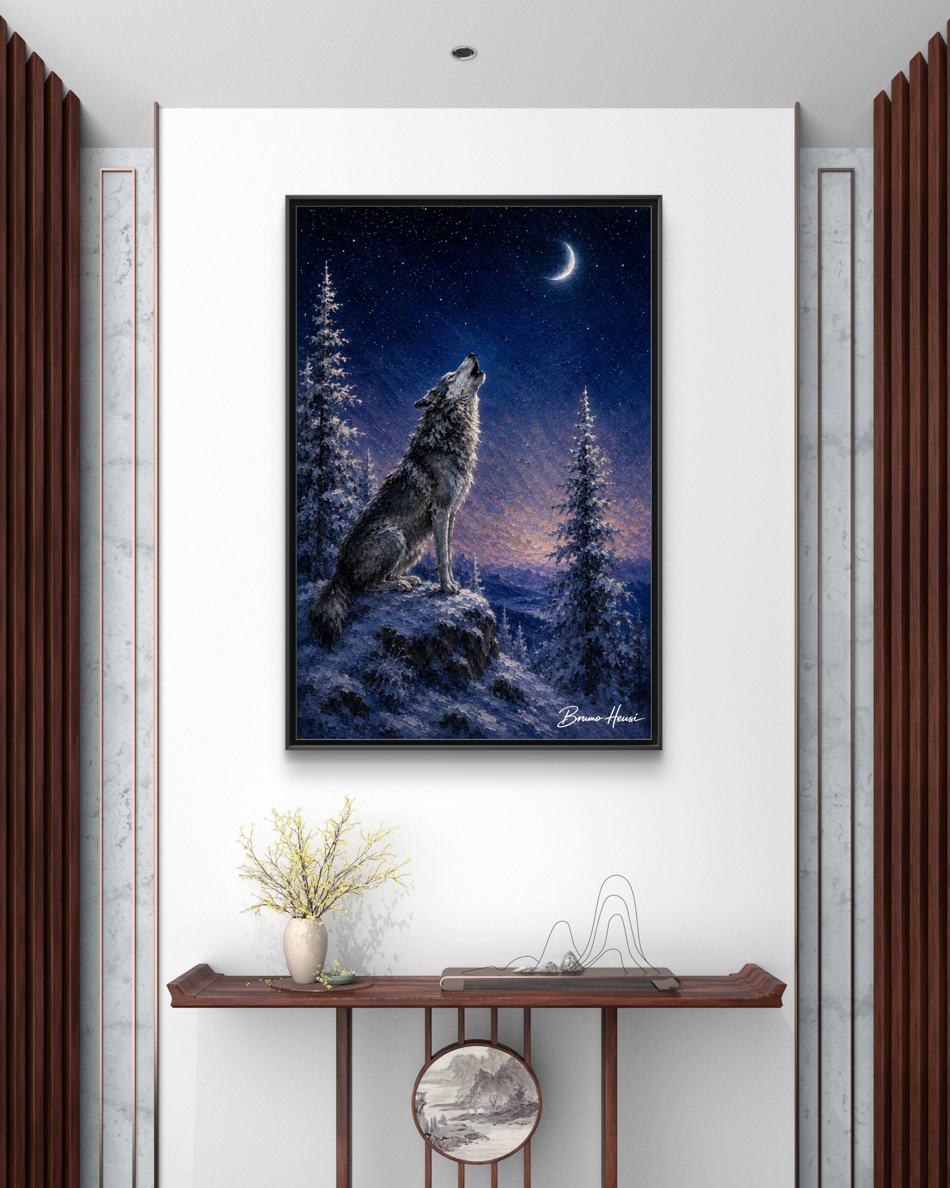 Howling Wolf Moon Framed Canvas Art - Matte Multi-Color Wilderness Print