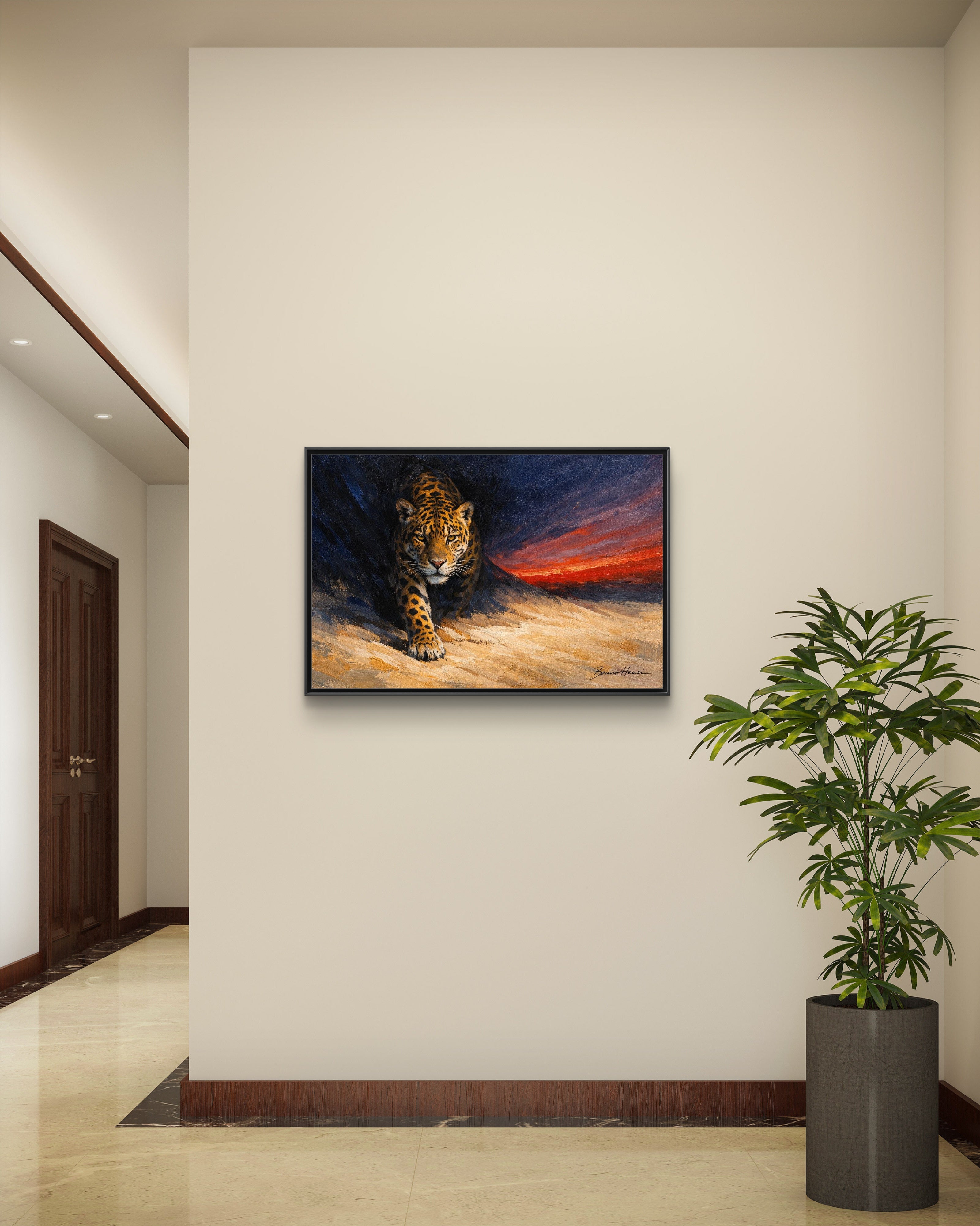 Framed Jaguar Canvas Art – Majestic Big Cat Painting with Sunset Sky