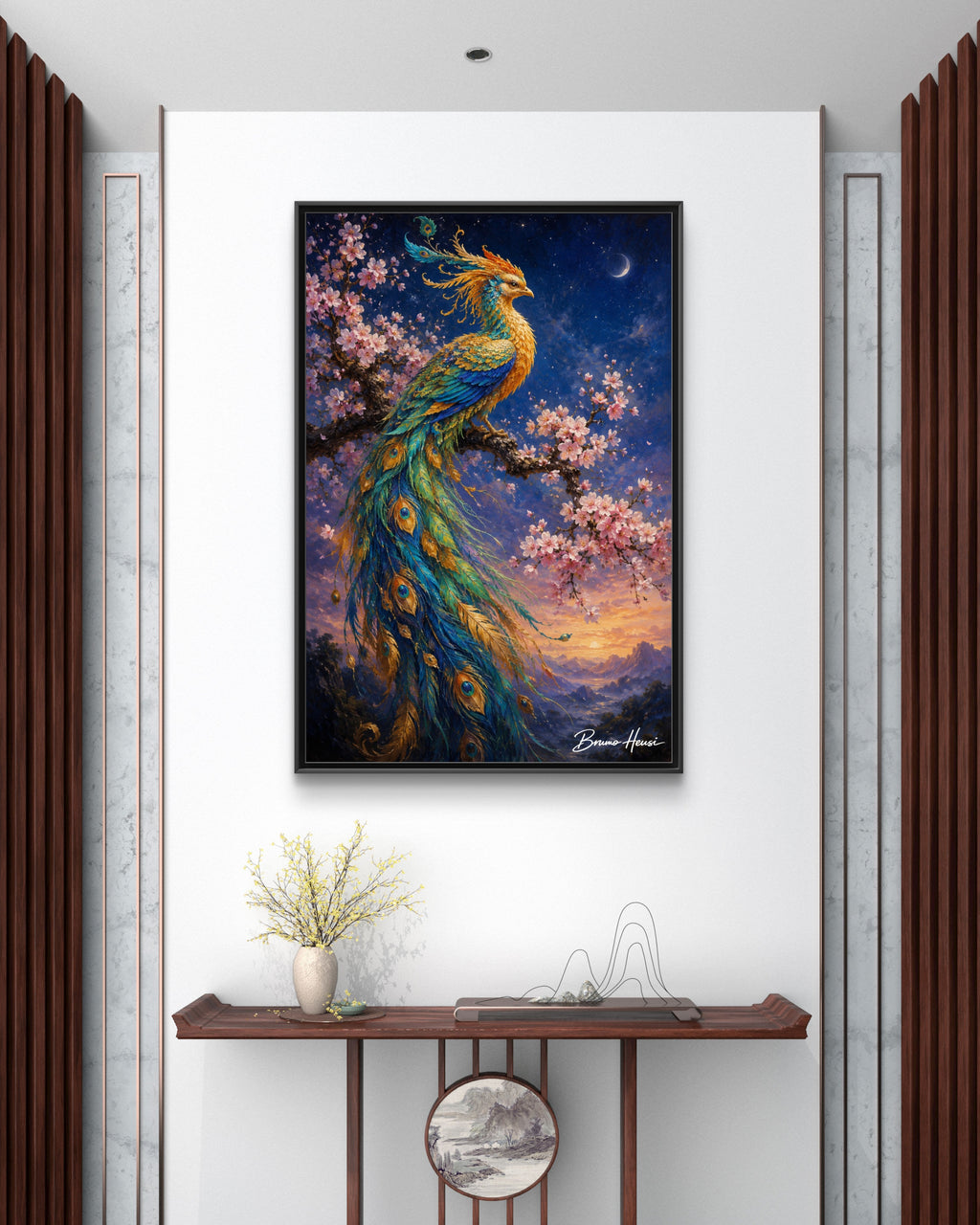 Framed Peacock Canvas Wall Art — Vibrant Fantasy Bird Print