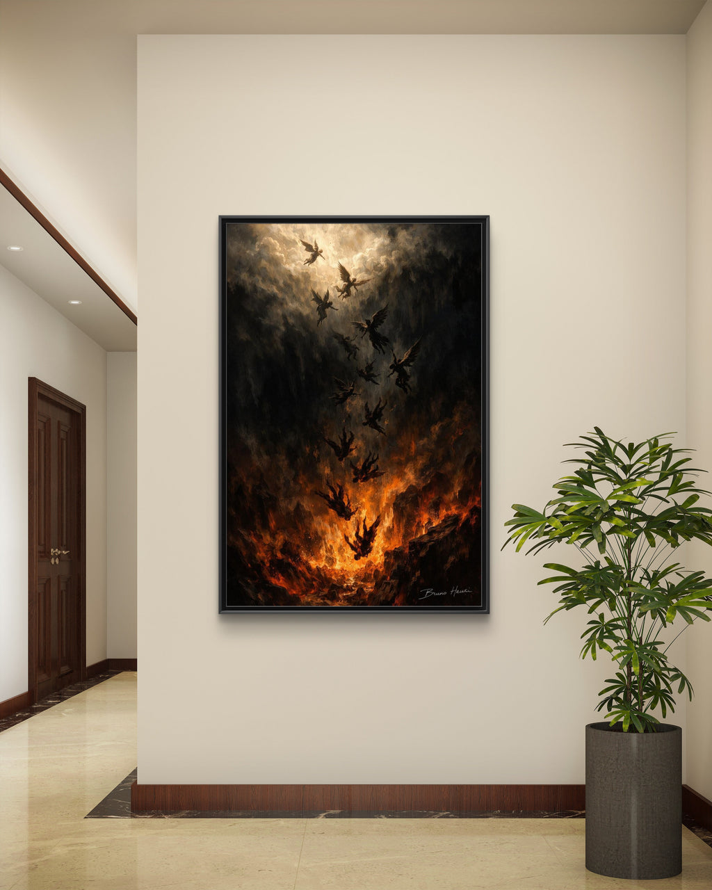 Falling Angels Matte Framed Canvas Print — Dark Fantasy Wall Art