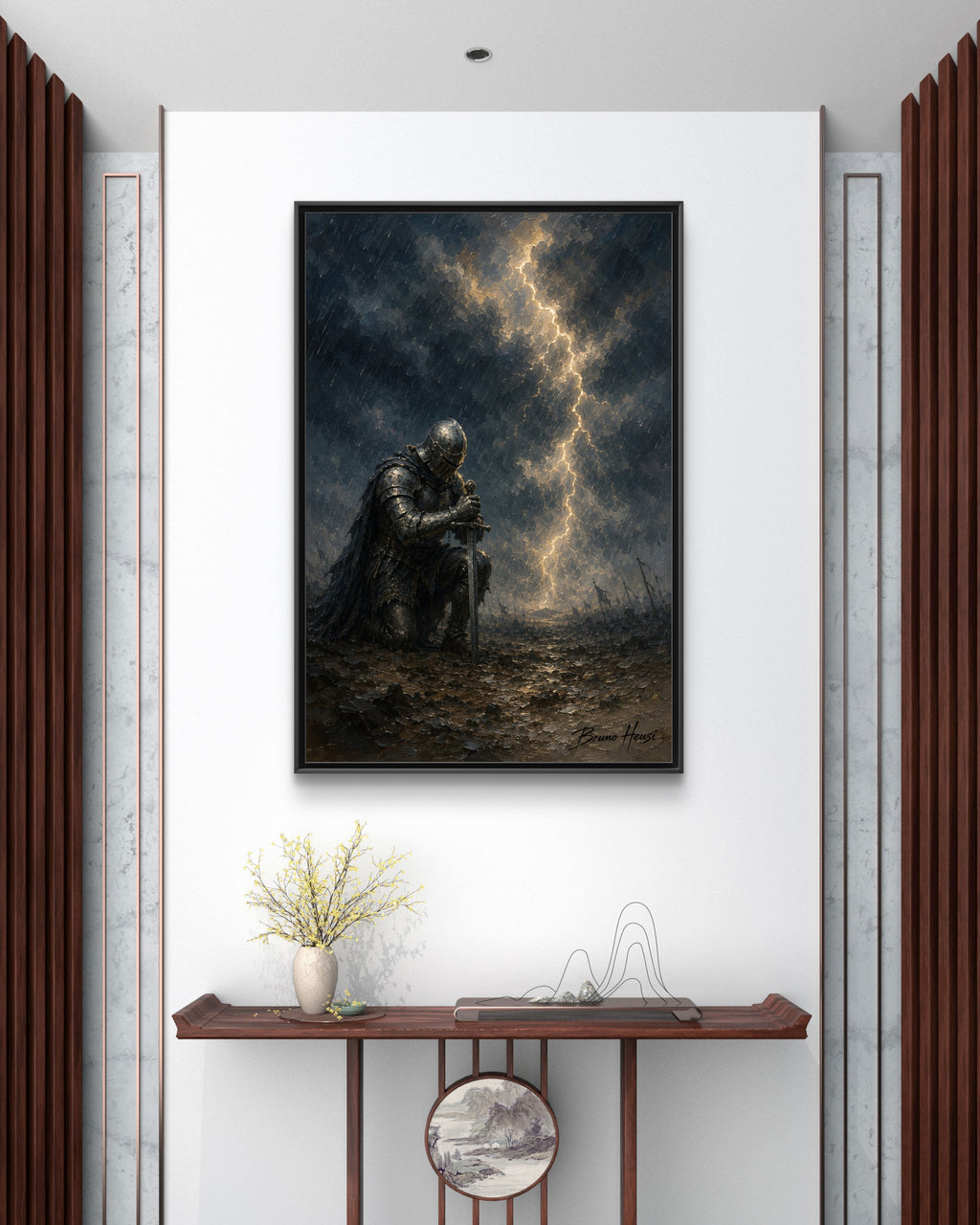 Knight in Thunderstorm Matte Framed Canvas — Dark Fantasy Wall Art