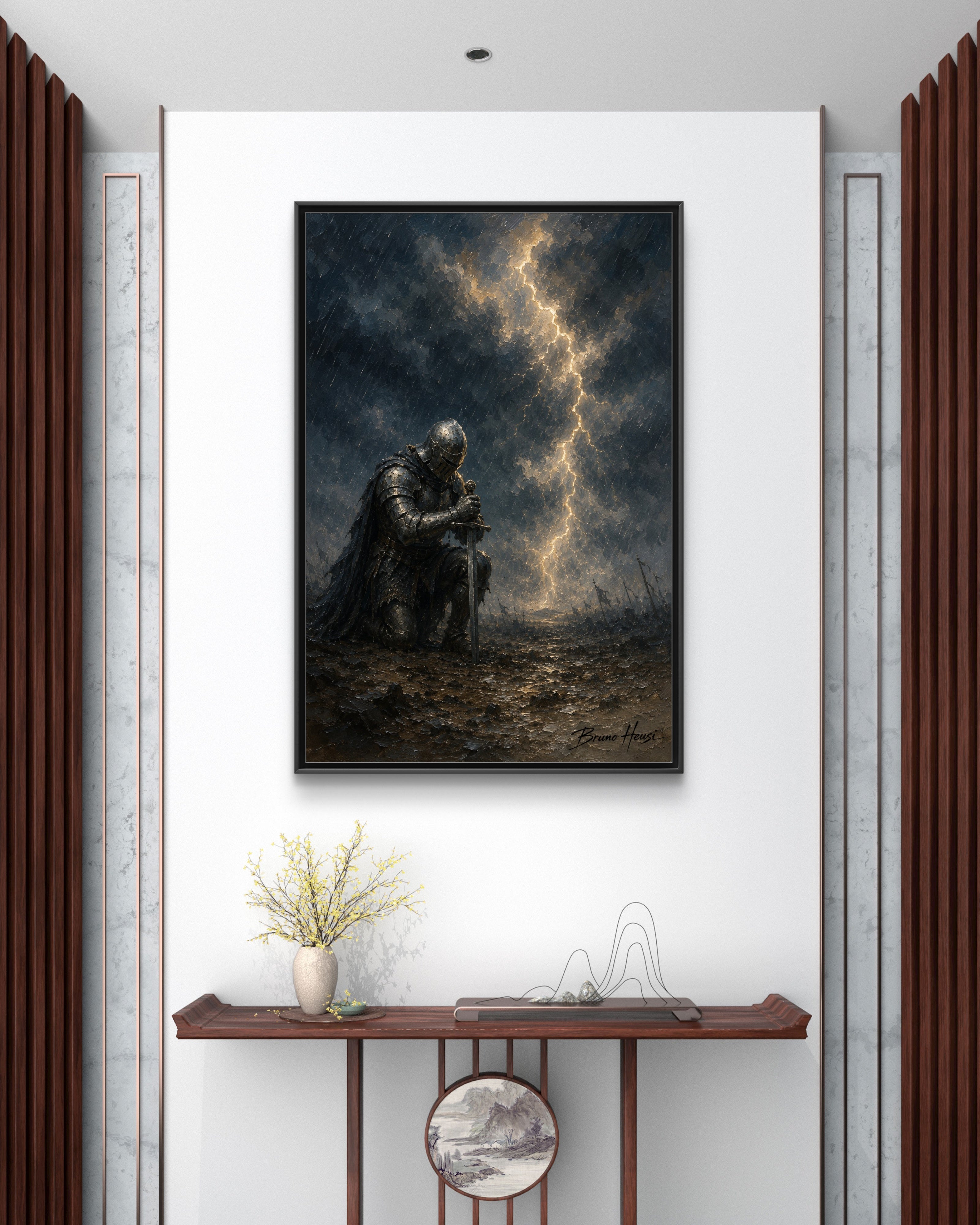 Knight in Thunderstorm Matte Framed Canvas — Dark Fantasy Wall Art