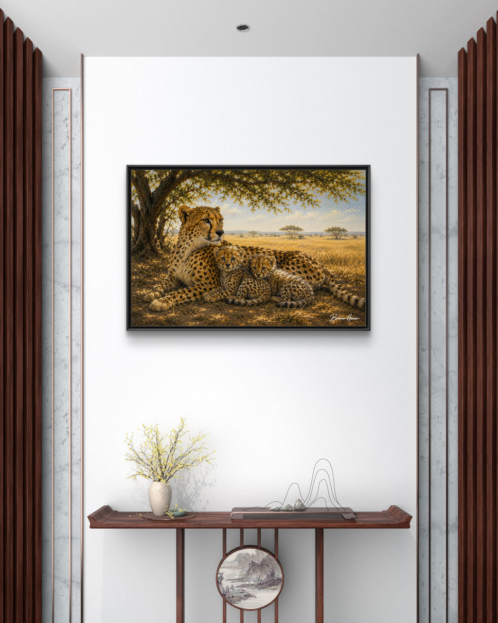 Cheetah Mother & Cubs Framed Canvas Wall Art – African Wildlife Safari Print