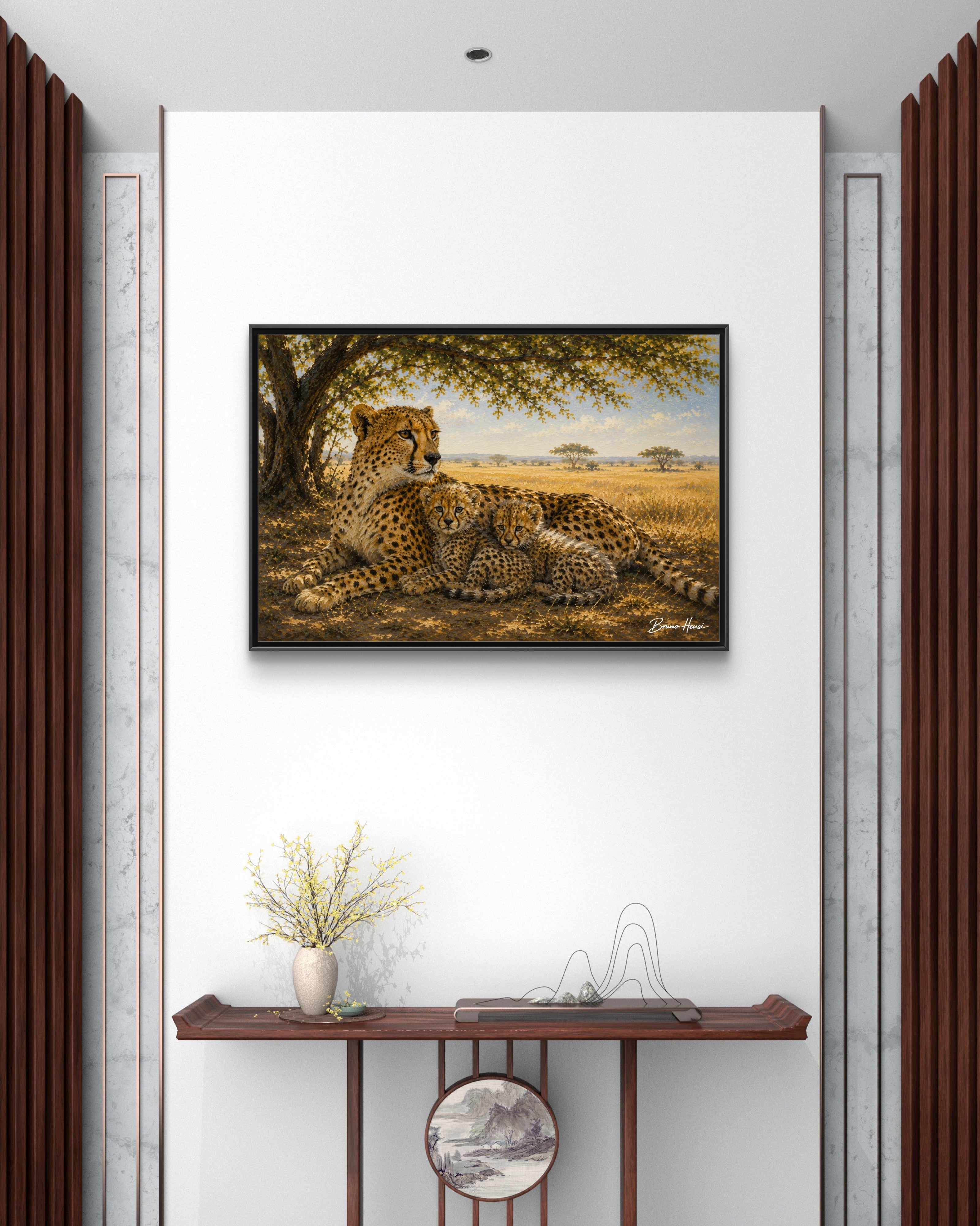 Cheetah Mother & Cubs Framed Canvas Wall Art – African Wildlife Safari Print