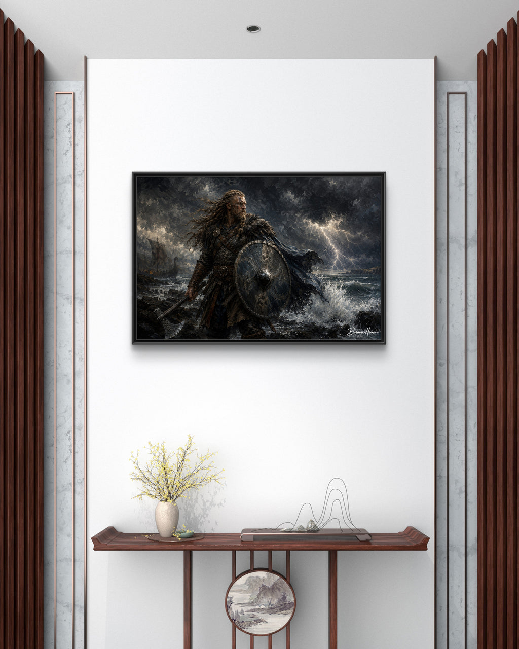 Viking Warrior Matte Framed Canvas Print — Stormy Norse Shield and Axe Wall Art