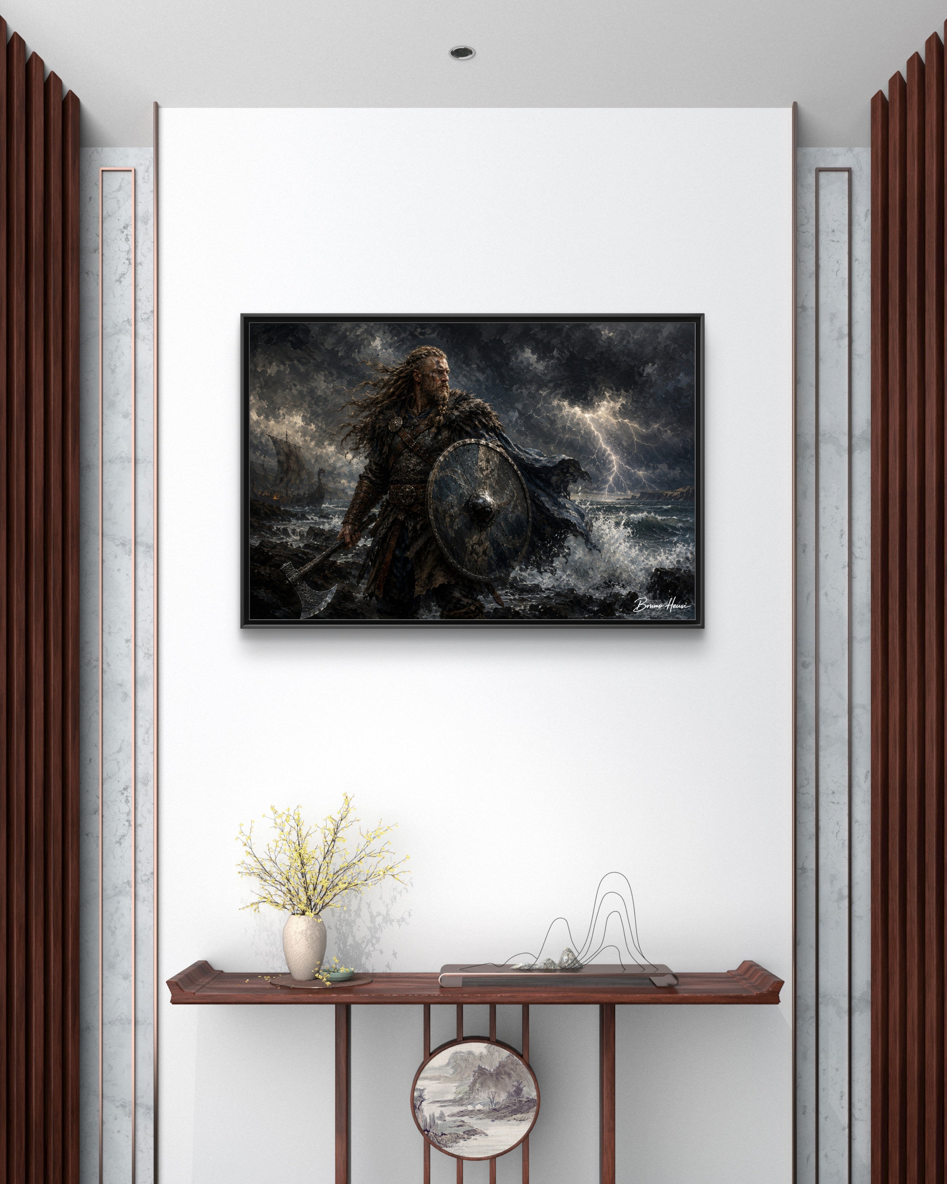 Viking Warrior Matte Framed Canvas Print — Stormy Norse Shield and Axe Wall Art