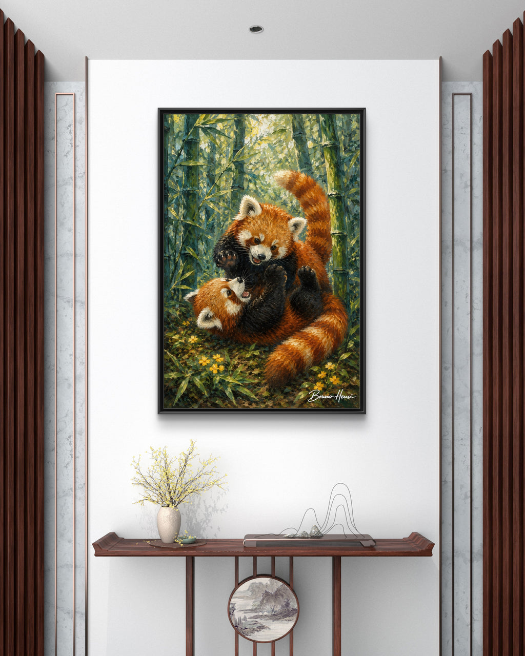 Red Panda Playtime Framed Canvas Wall Art — Playful Wildlife Print