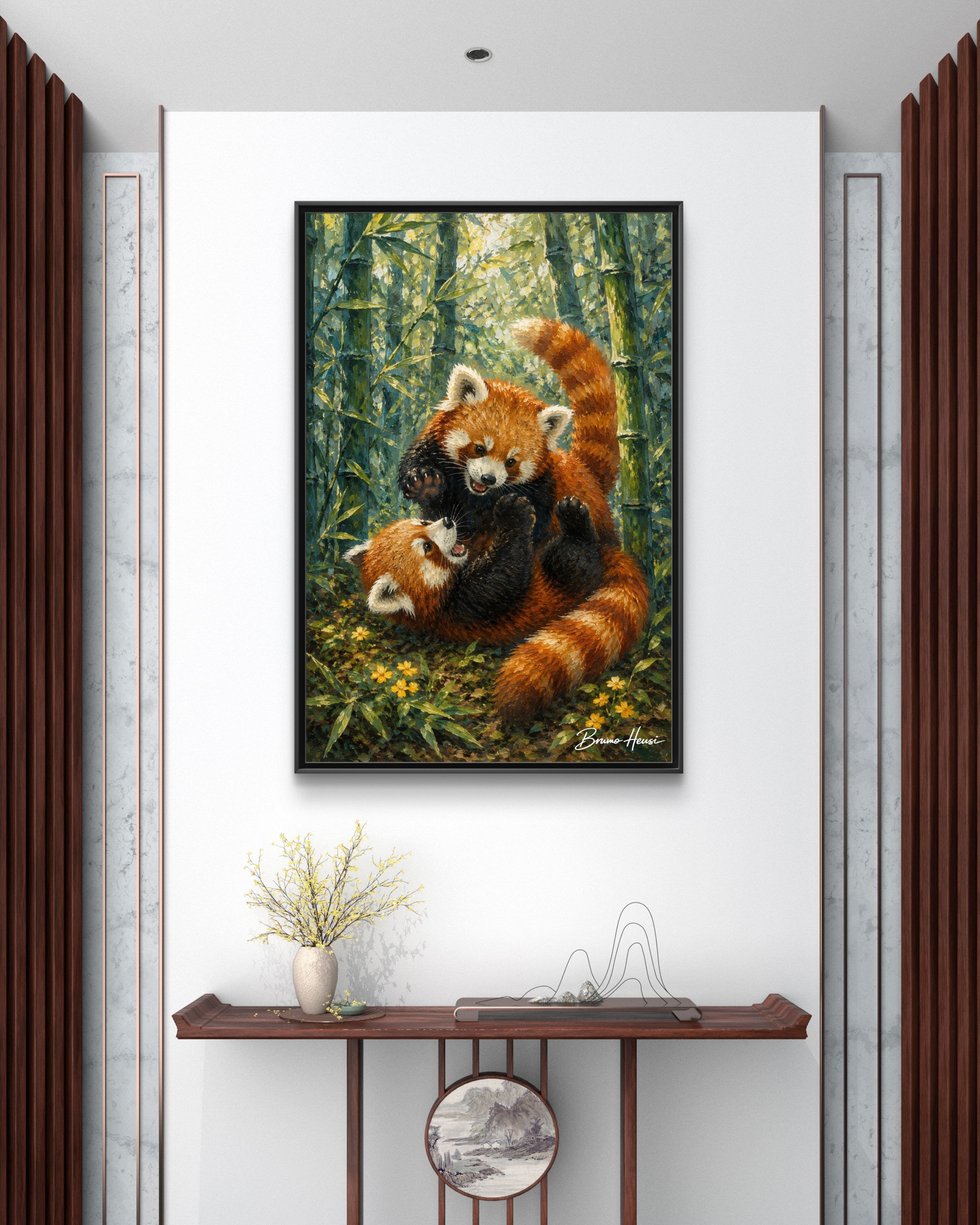 Red Panda Playtime Framed Canvas Wall Art — Playful Wildlife Print