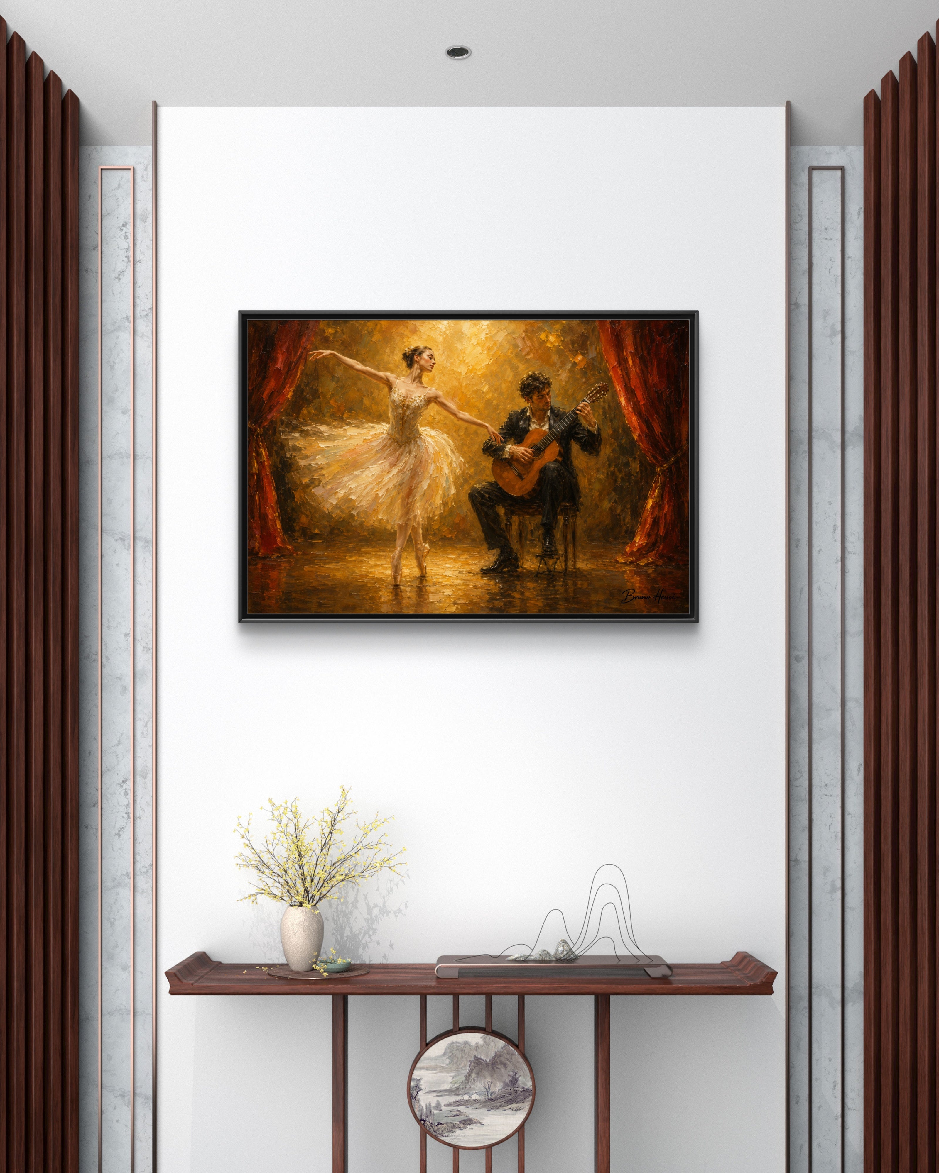 Ballet Dancer & Guitarist Framed Canvas Wall Art — Oil-Style Performance Print