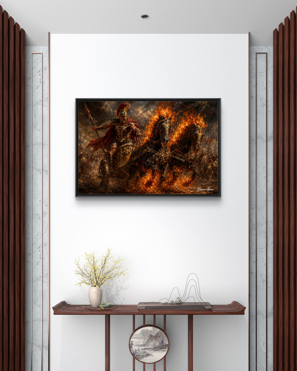 Flaming Chariot Framed Canvas Wall Art — Mythic Warrior Matte Print