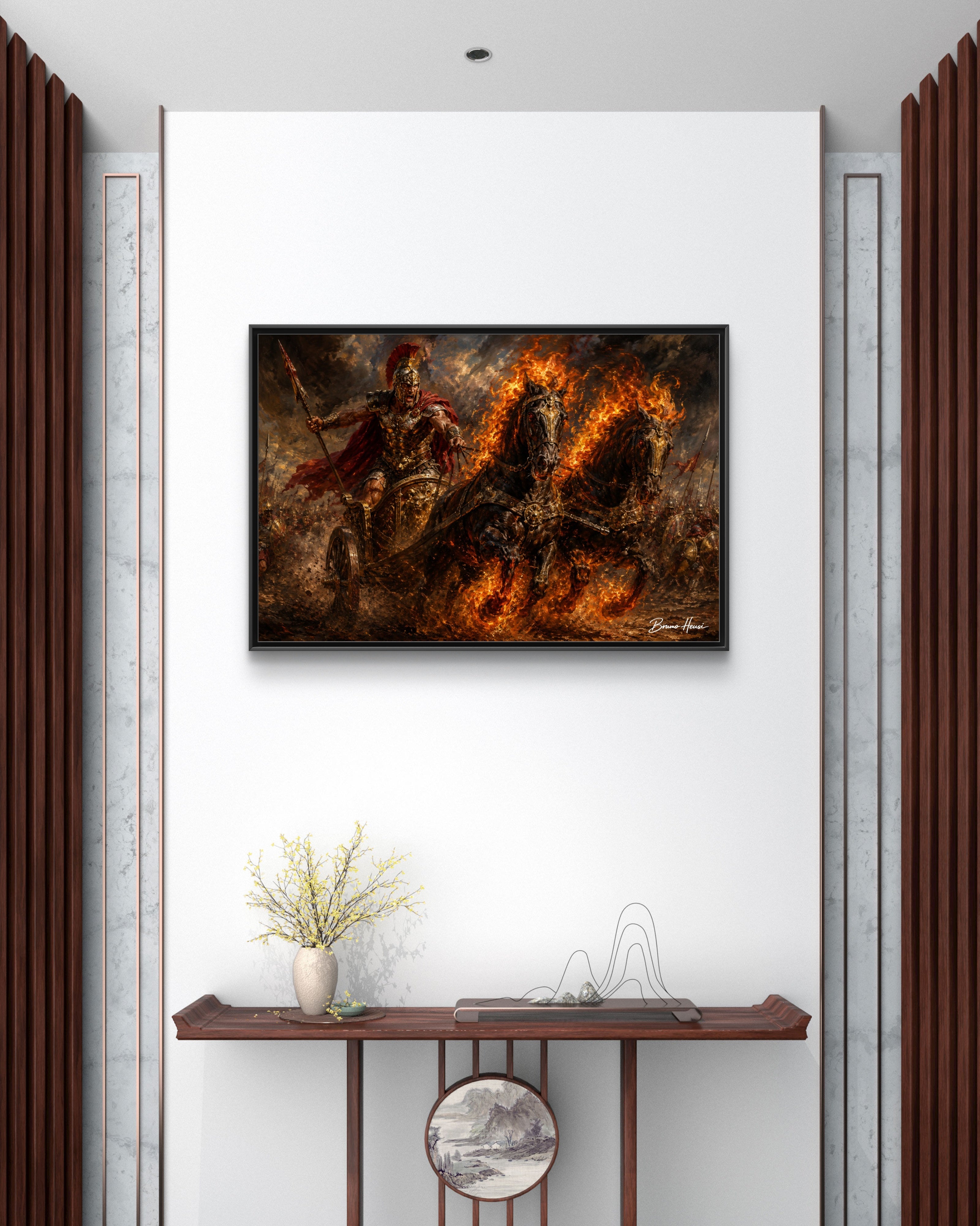 Flaming Chariot Framed Canvas Wall Art — Mythic Warrior Matte Print