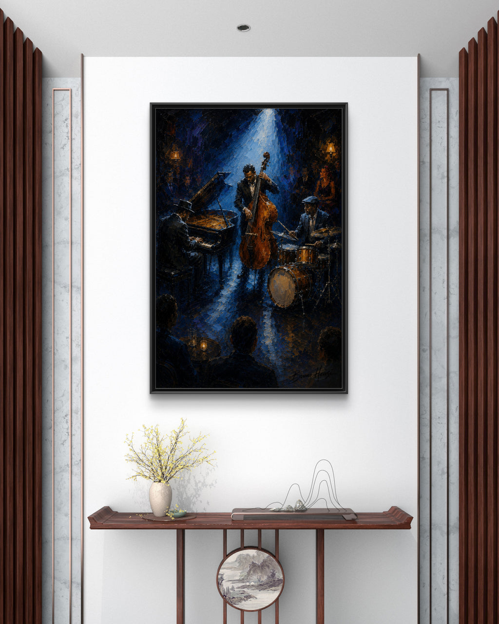 Framed Jazz Quartet Canvas Wall Art – Moody Blue Music Scene