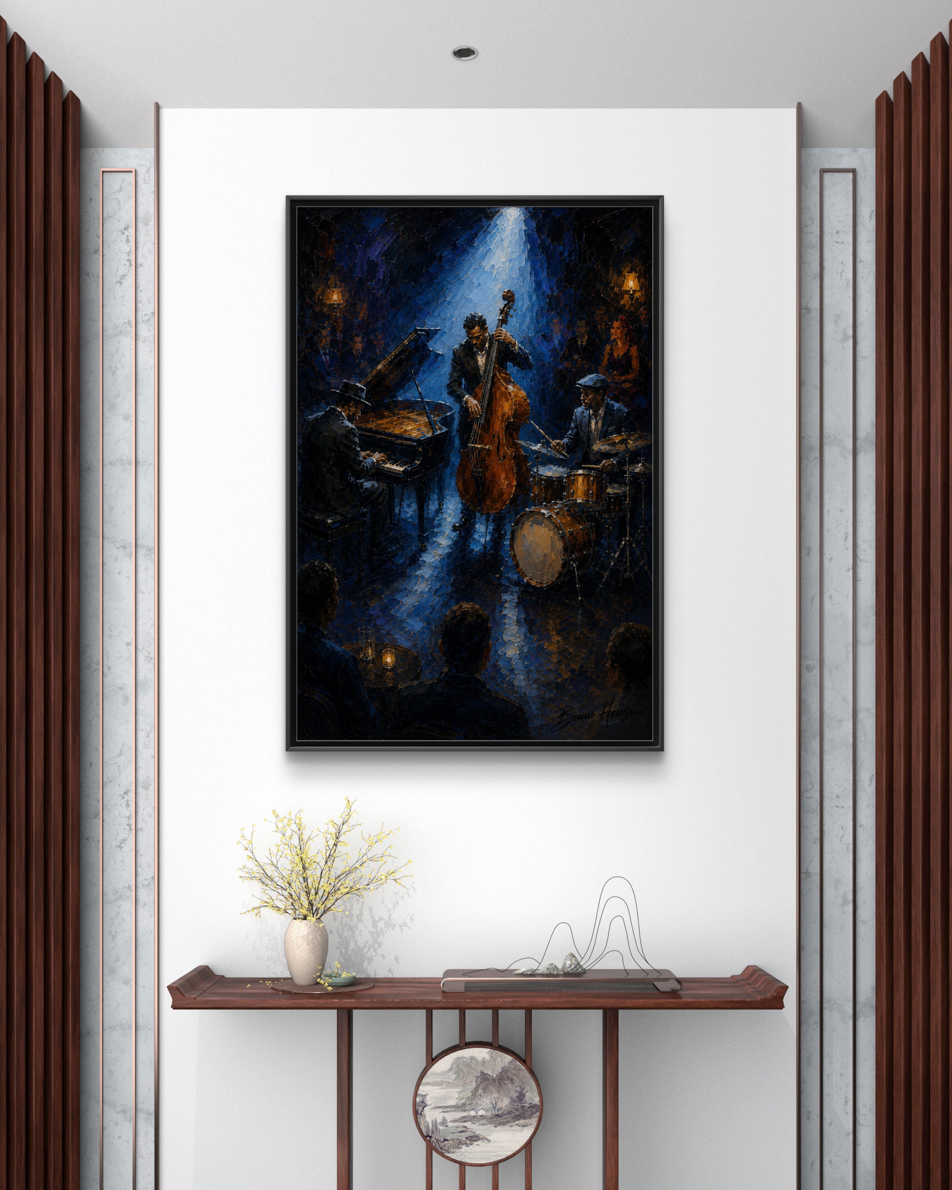 Framed Jazz Quartet Canvas Wall Art – Moody Blue Music Scene
