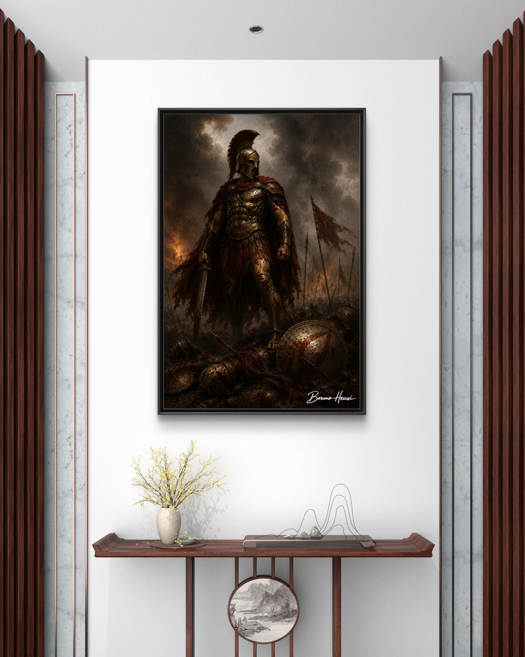 Framed Spartan Warrior Matte Canvas Print – Dramatic Ancient Battle Wall Art