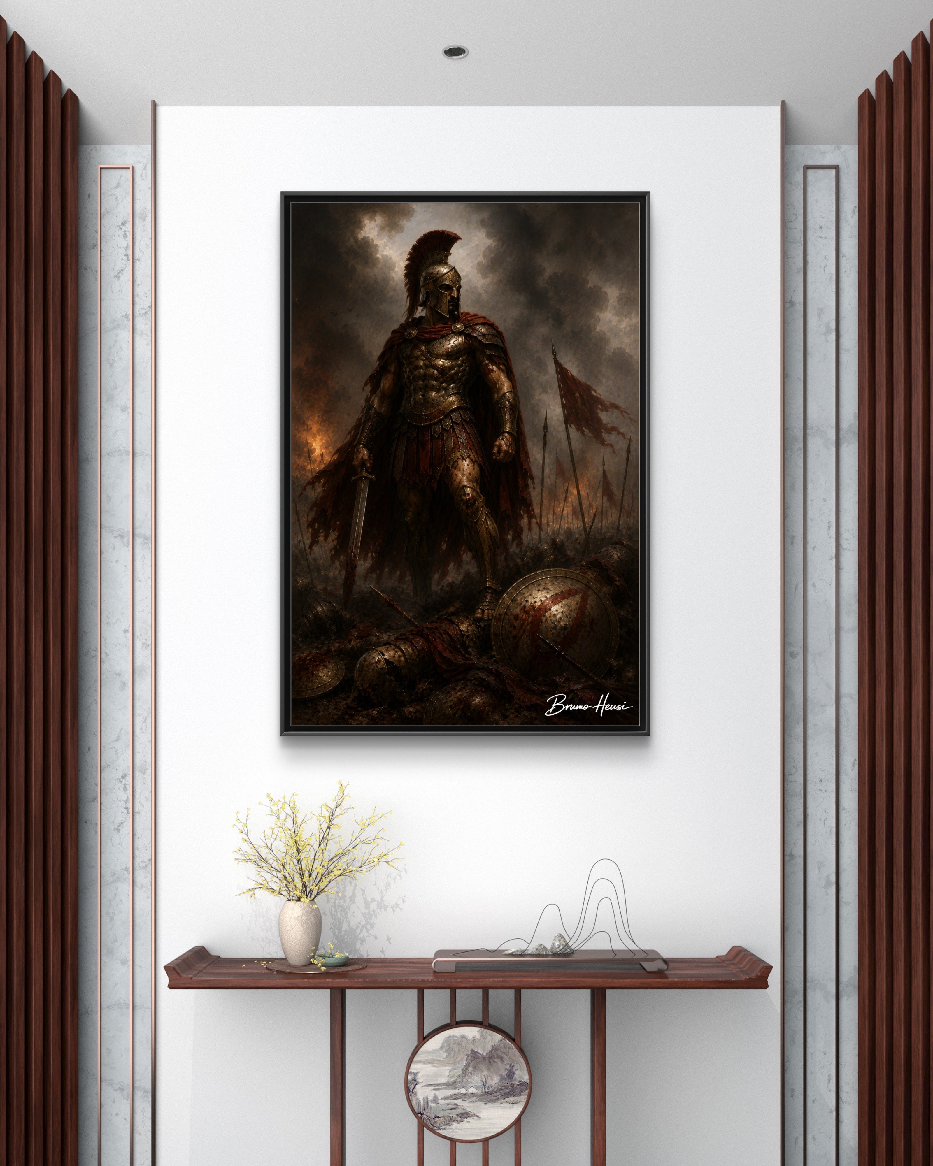 Framed Spartan Warrior Matte Canvas Print – Dramatic Ancient Battle Wall Art