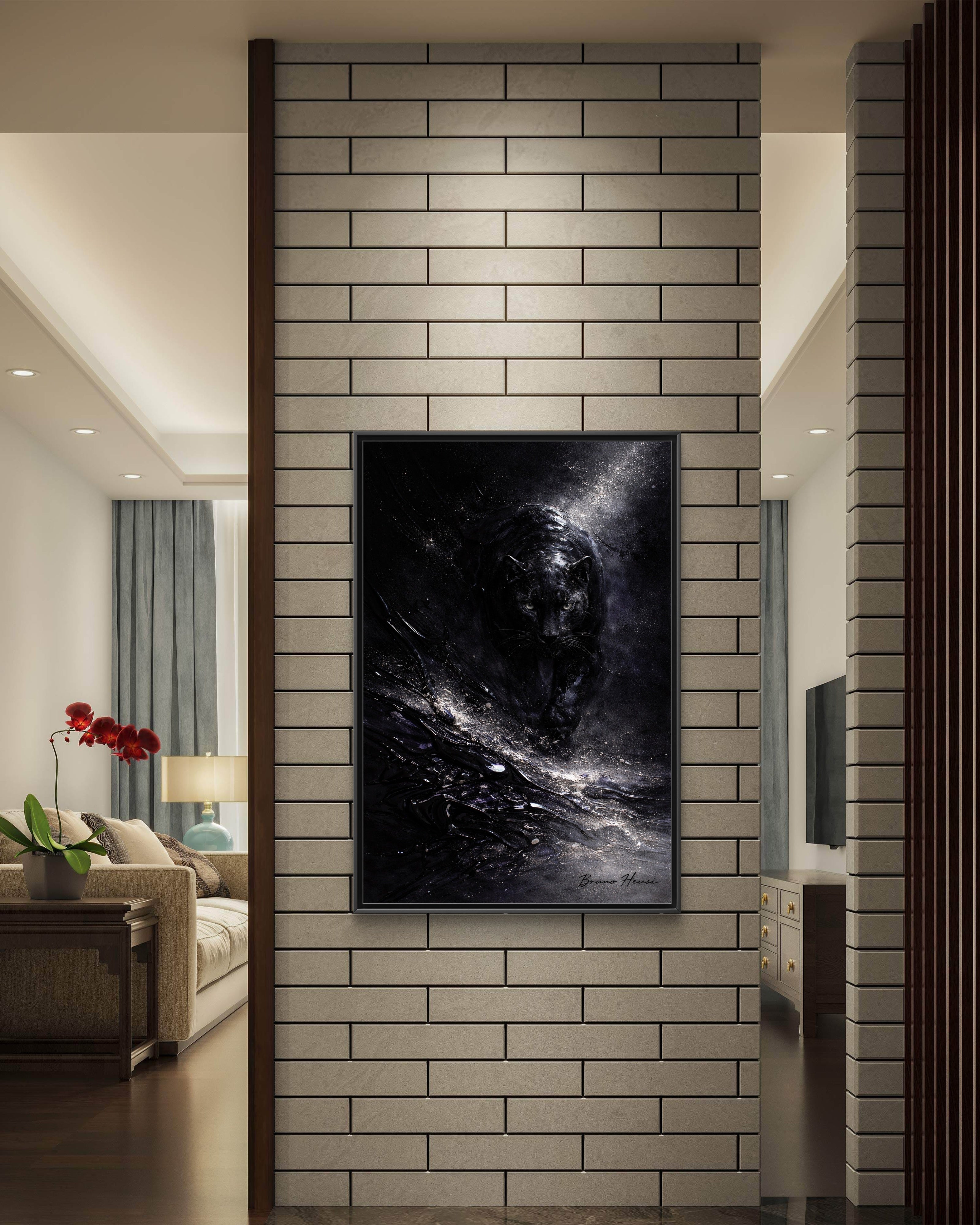 Cosmic Black Panther Matte Framed Canvas – Dark Abstract Wildlife Wall Art