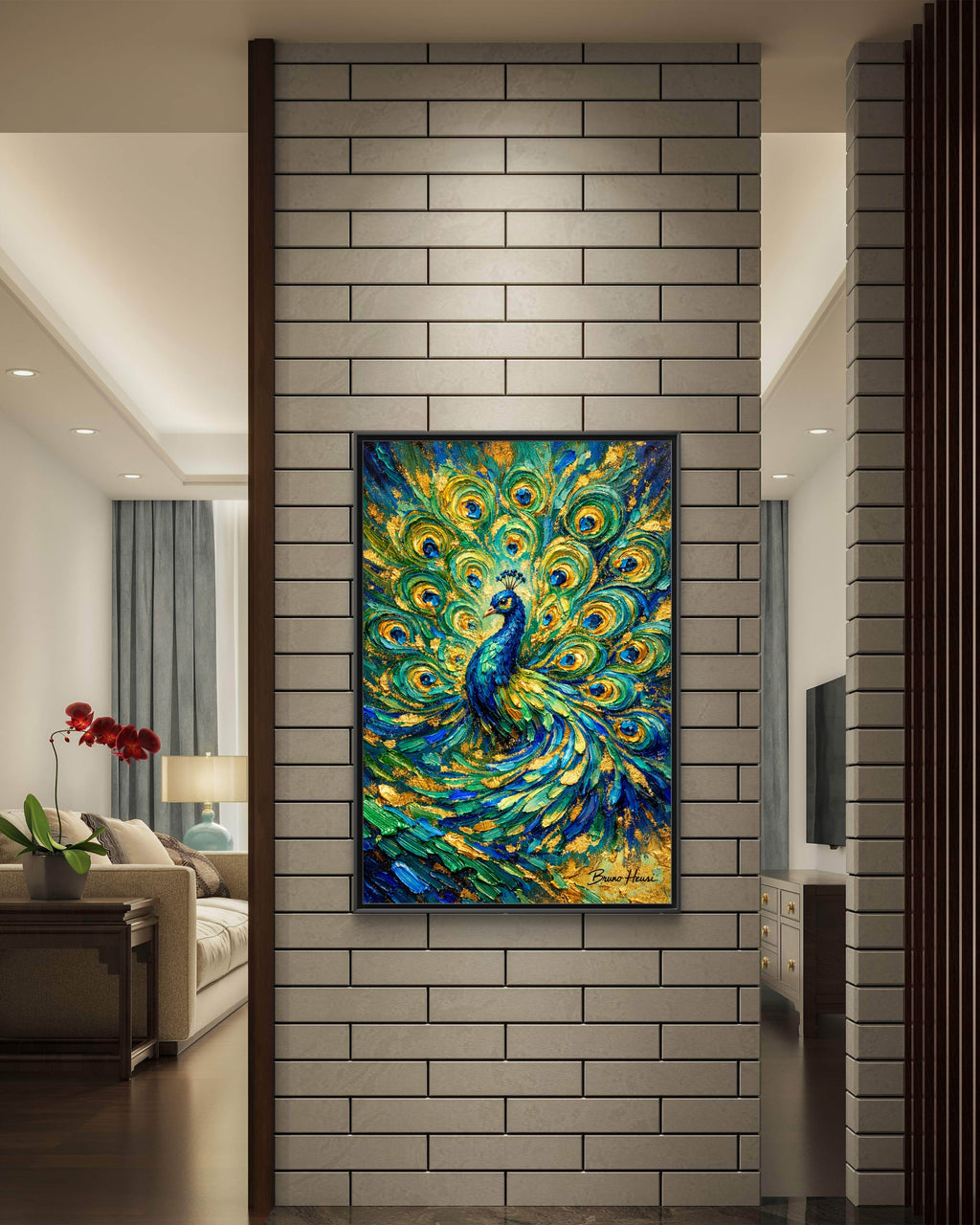 Peacock Oil-Style Framed Canvas Wall Art — Vibrant Blue & Gold Peacock Painting