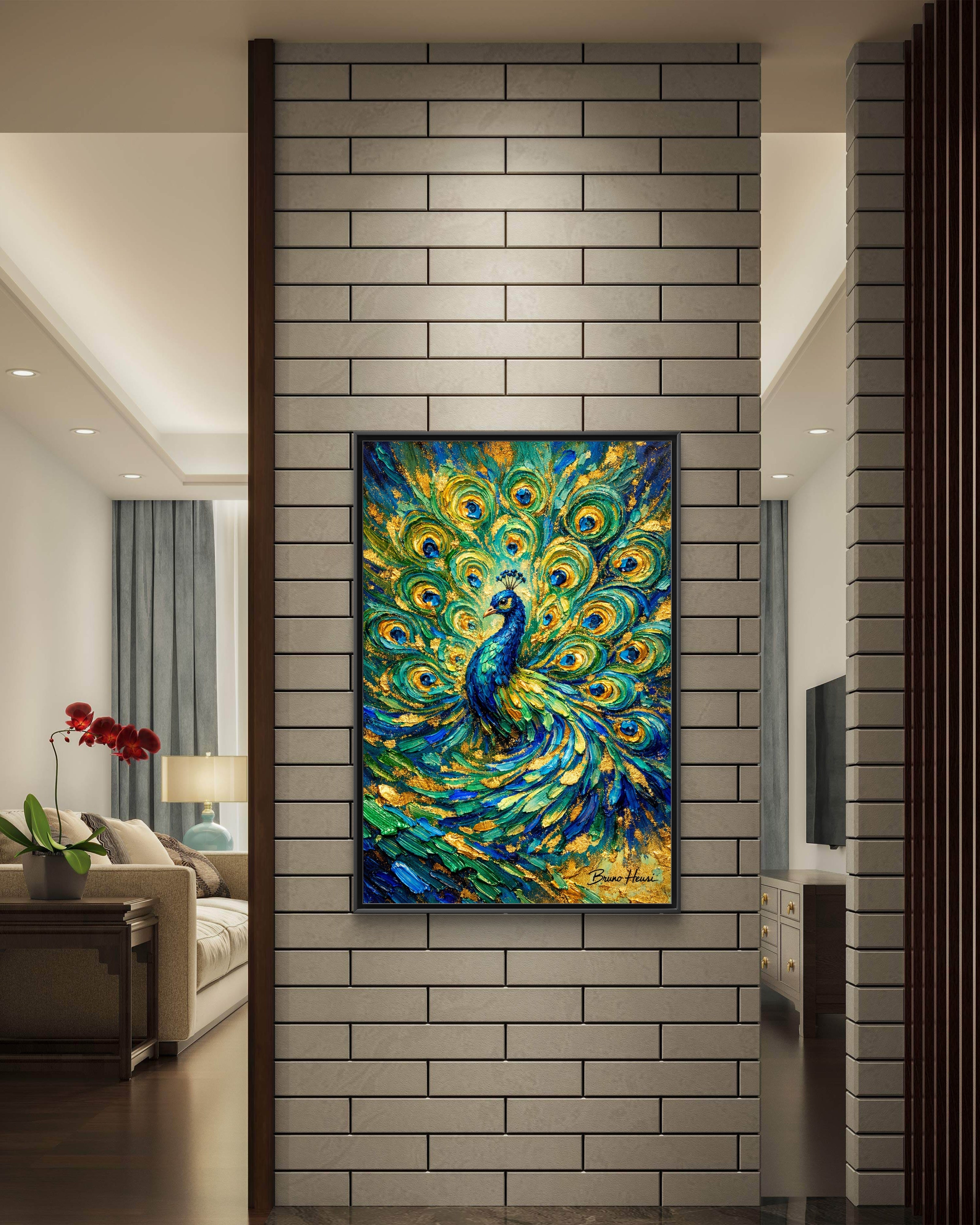 Peacock Oil-Style Framed Canvas Wall Art — Vibrant Blue & Gold Peacock Painting