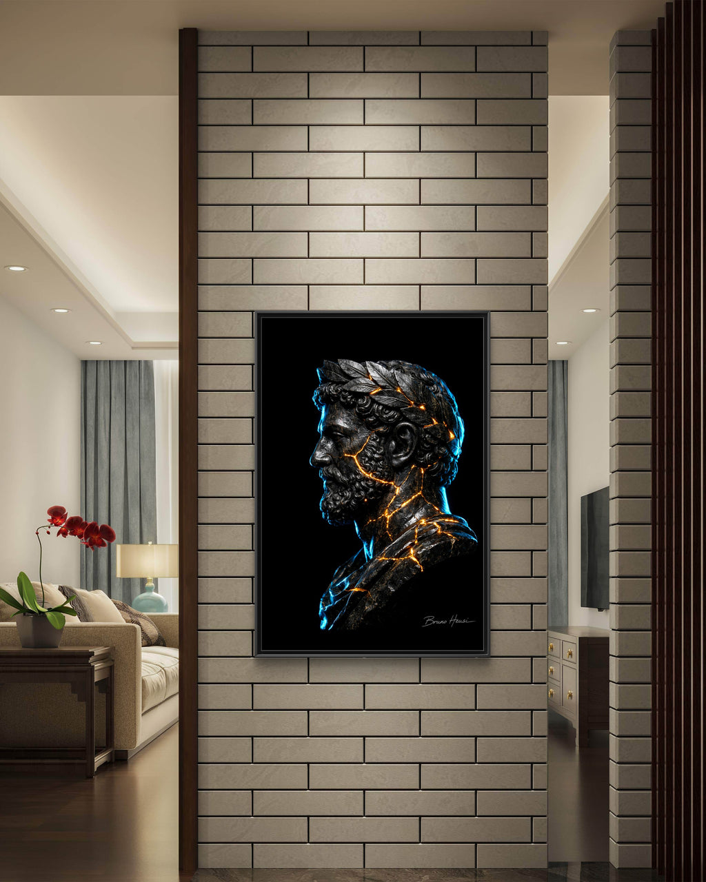Roman Emperor Neon Bust Framed Canvas Wall Art — Modern Sculpture Print
