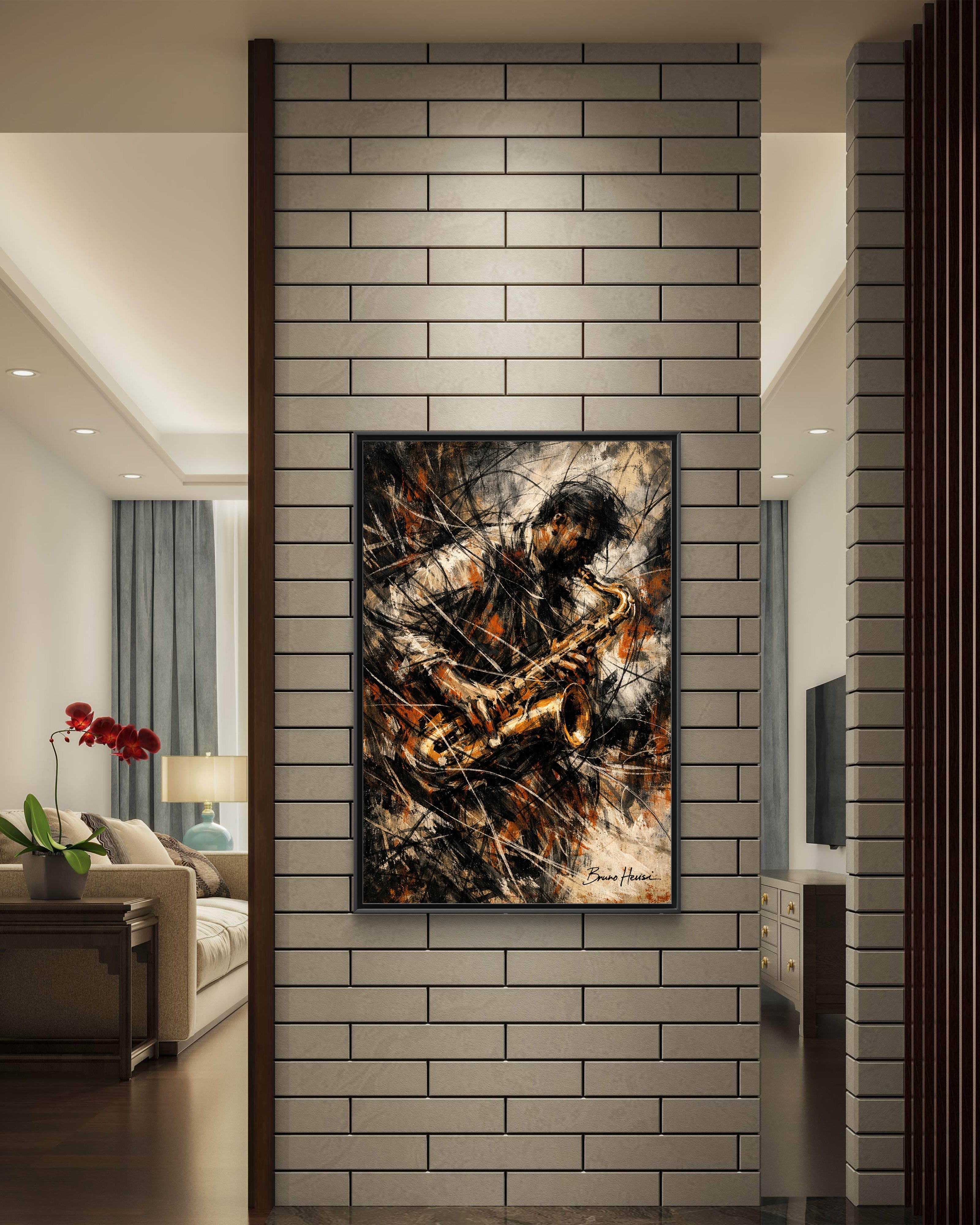 Saxophone Jazz Musician Framed Canvas Wall Art — Abstract Music Print
