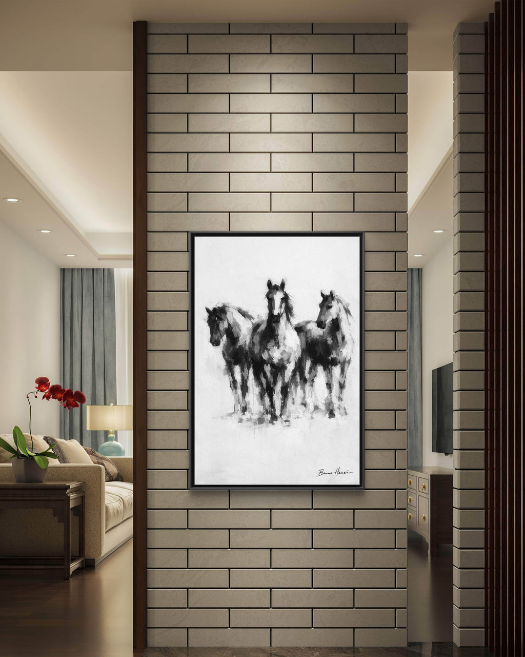 Framed Matte Canvas Print – Three Galloping Horses Black & White Wall Art