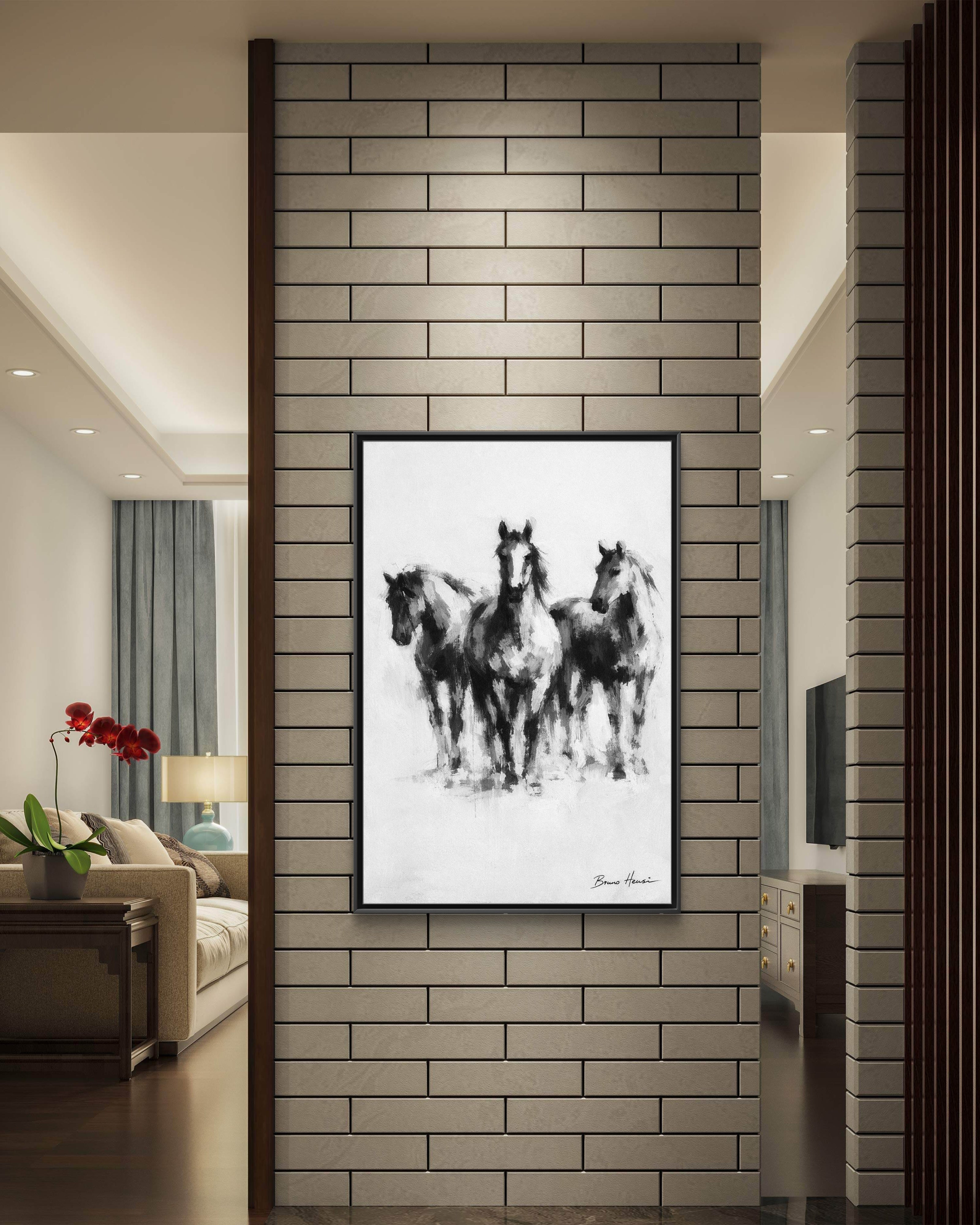 Framed Matte Canvas Print – Three Galloping Horses Black & White Wall Art