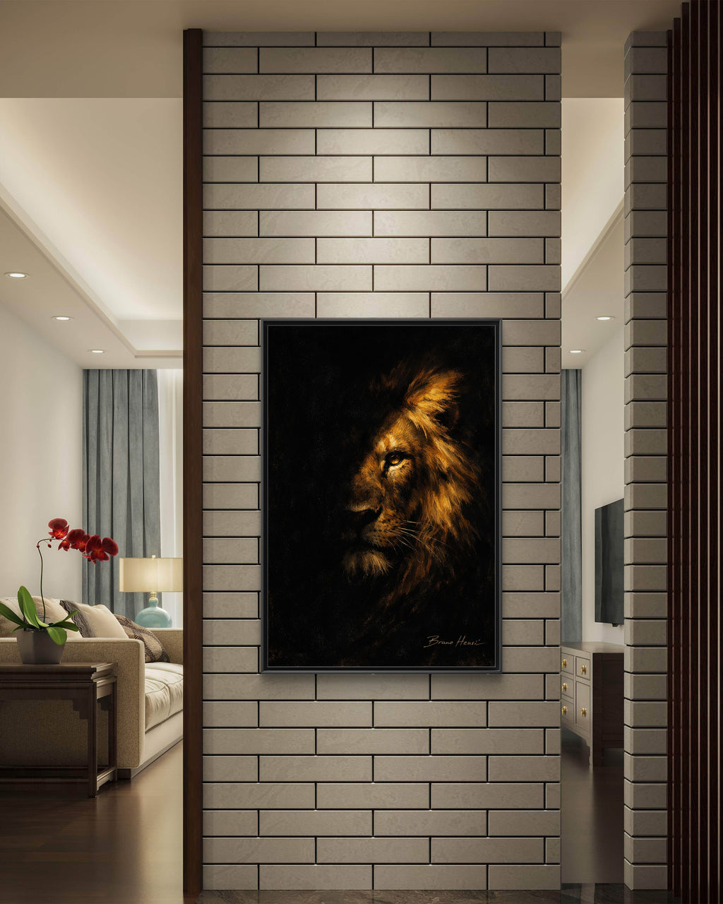 Majestic Lion Portrait Framed Canvas Wall Art — Golden Mane on Black Matte Print
