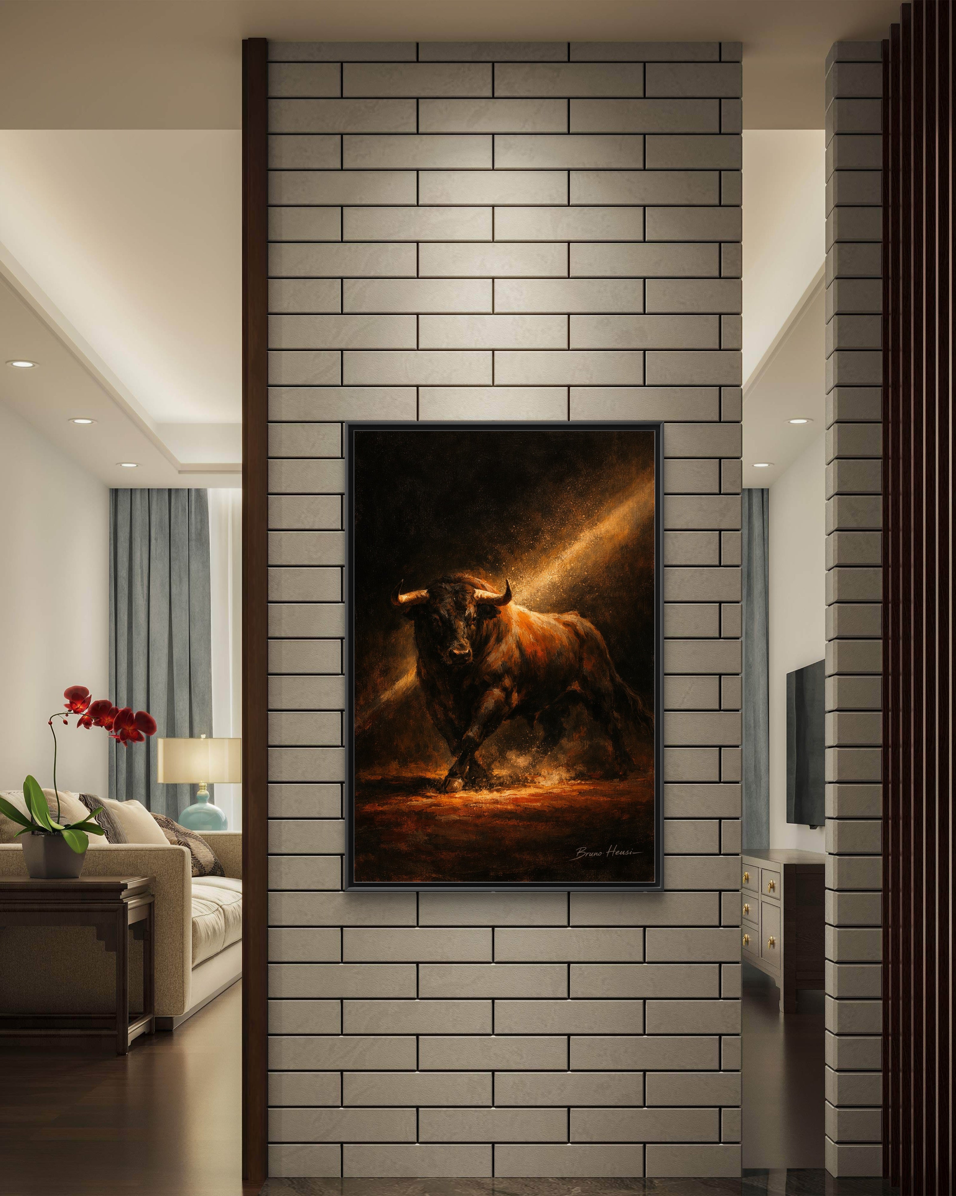 Framed Matte Canvas Art - Dramatic Charging Bull Painting