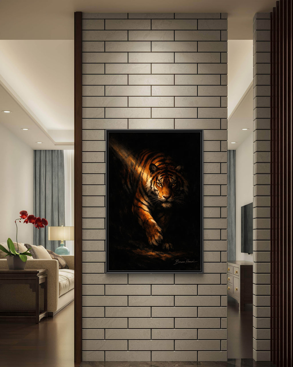Tiger in the Shadows Matte Framed Canvas Print — Dramatic Wildlife Wall Art