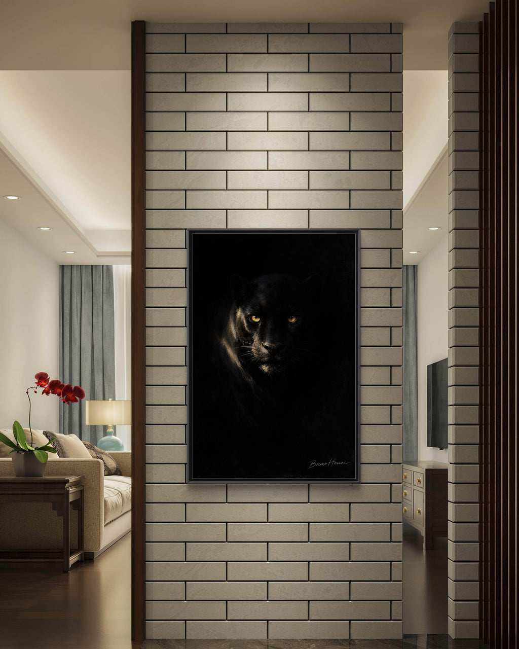 Framed Matte Canvas - Black Panther Wall Art with Golden Eyes