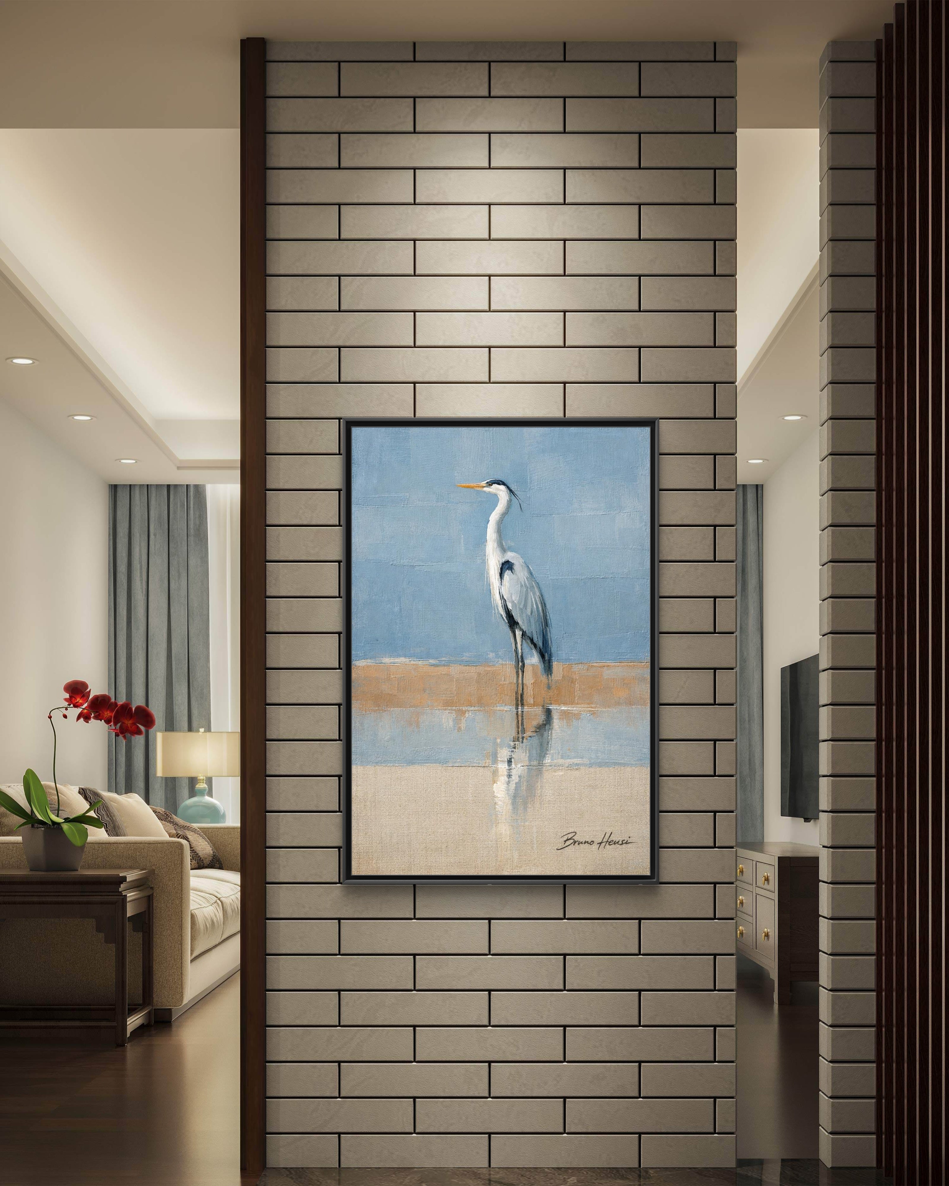 Framed Heron Canvas Art – Coastal Shorebird Wall Decor