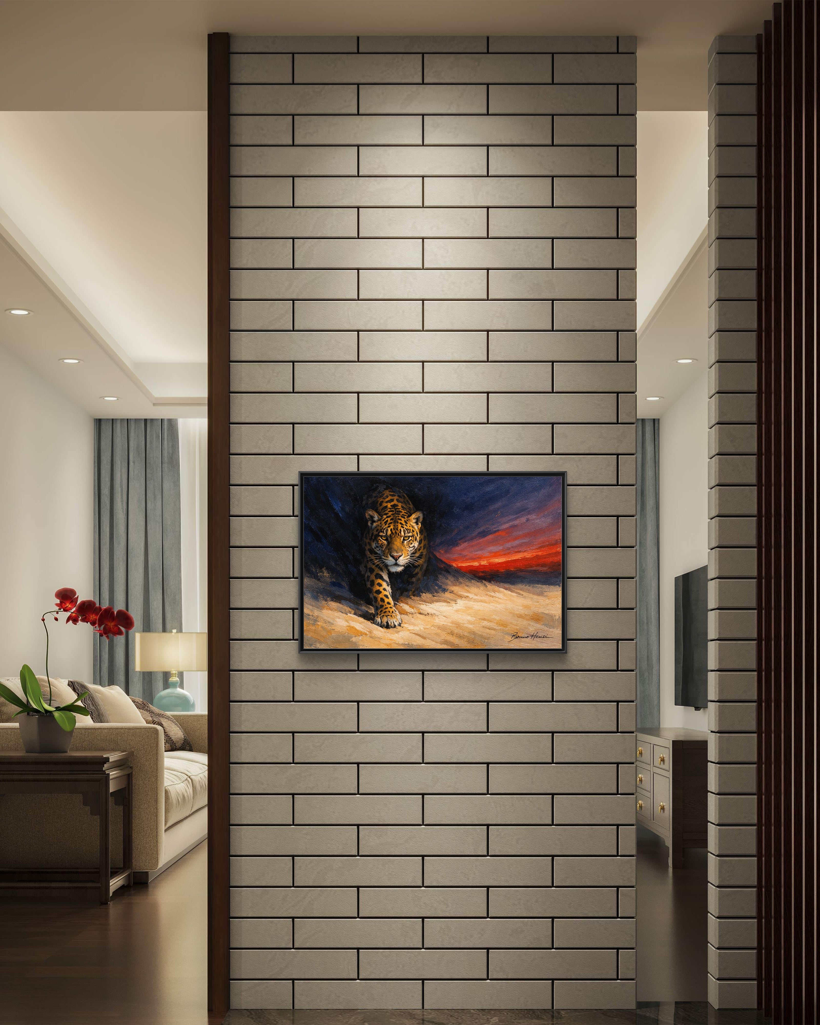 Framed Jaguar Canvas Art – Majestic Big Cat Painting with Sunset Sky