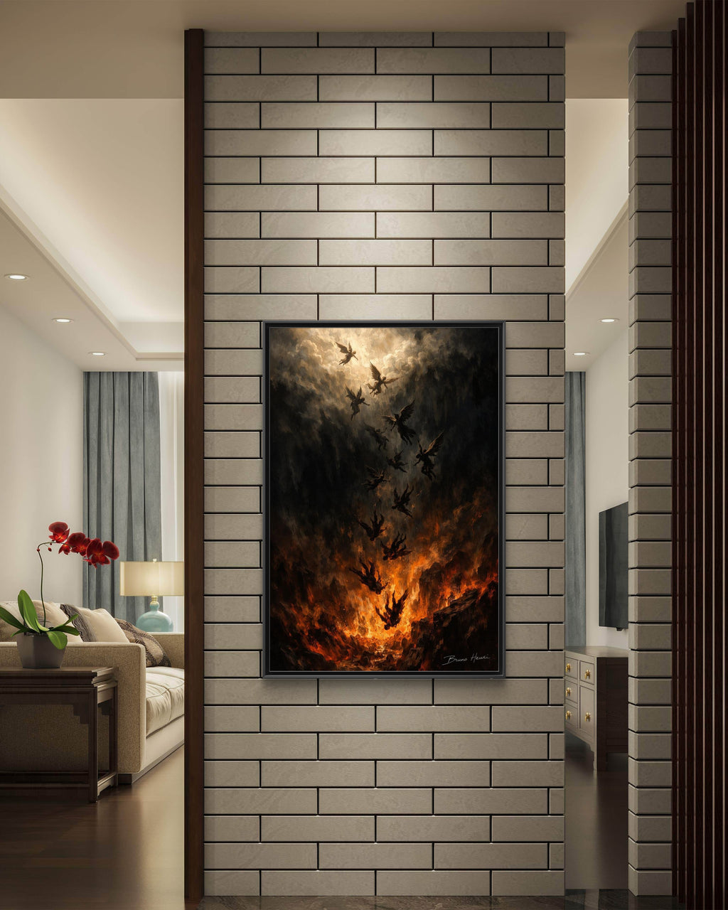 Falling Angels Matte Framed Canvas Print — Dark Fantasy Wall Art